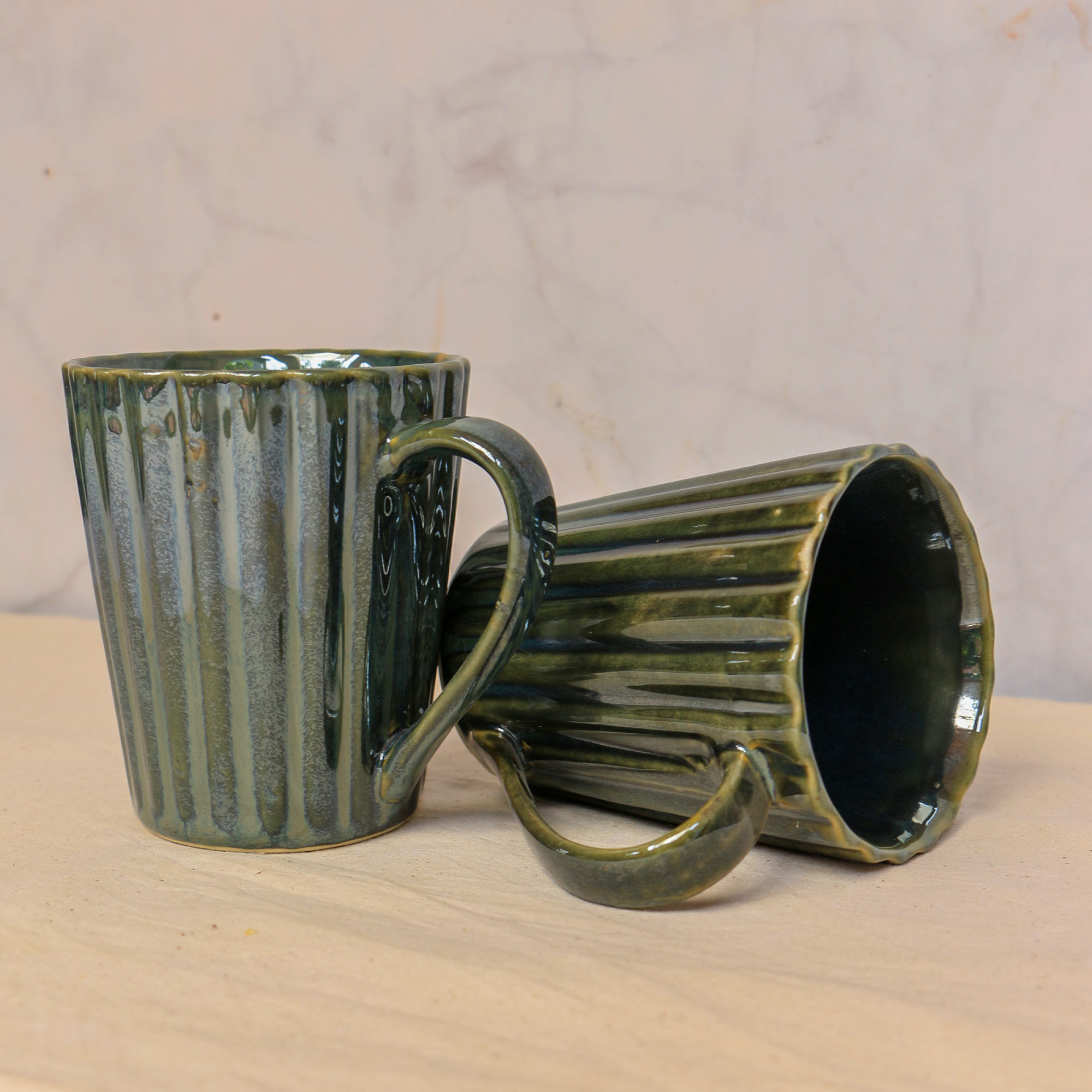 Ambi Ribbed Golden Blue Coffee Mugs Set of 2