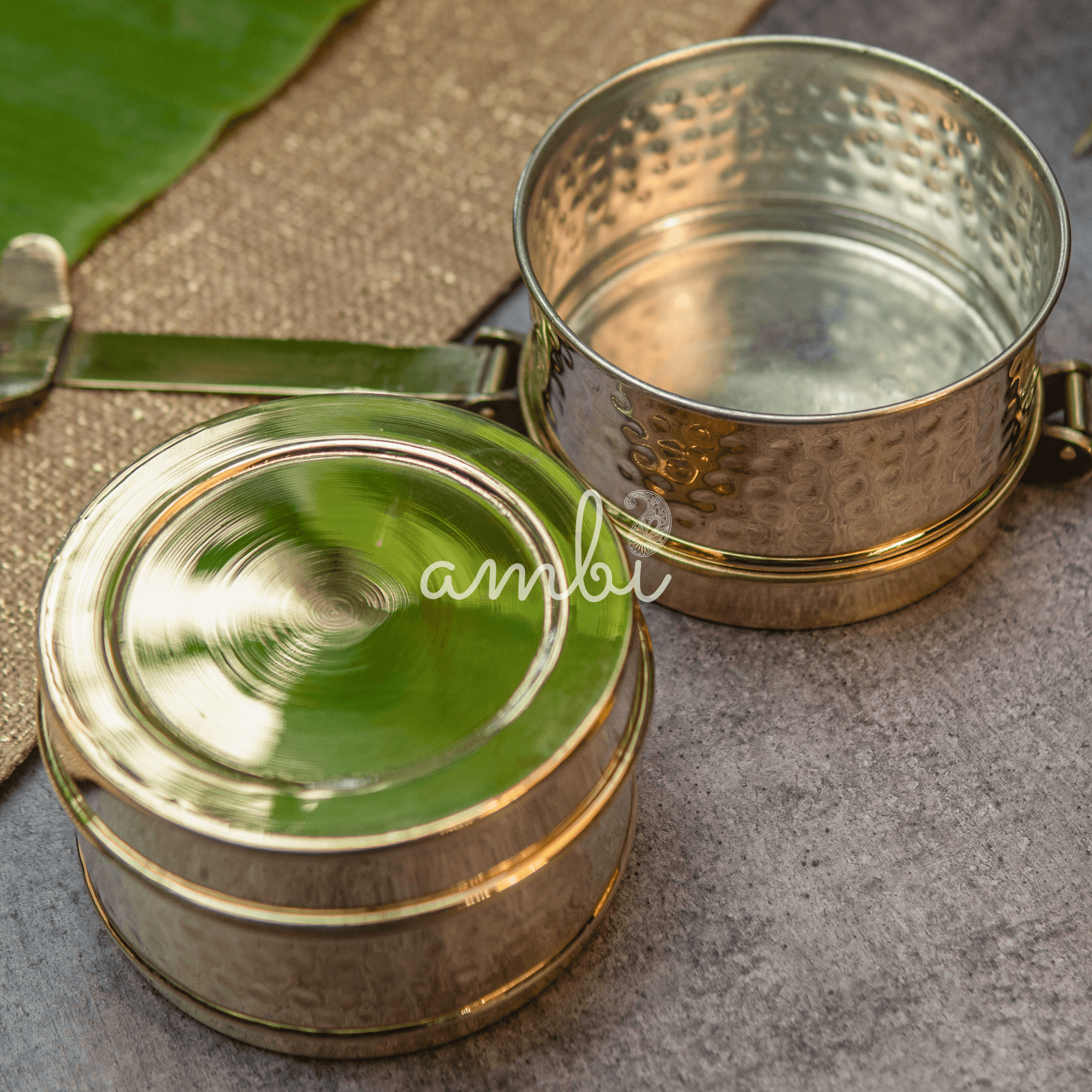 Masterpiece Pure Brass Two Tier Tiffin Box with Shiny Hammered Finish