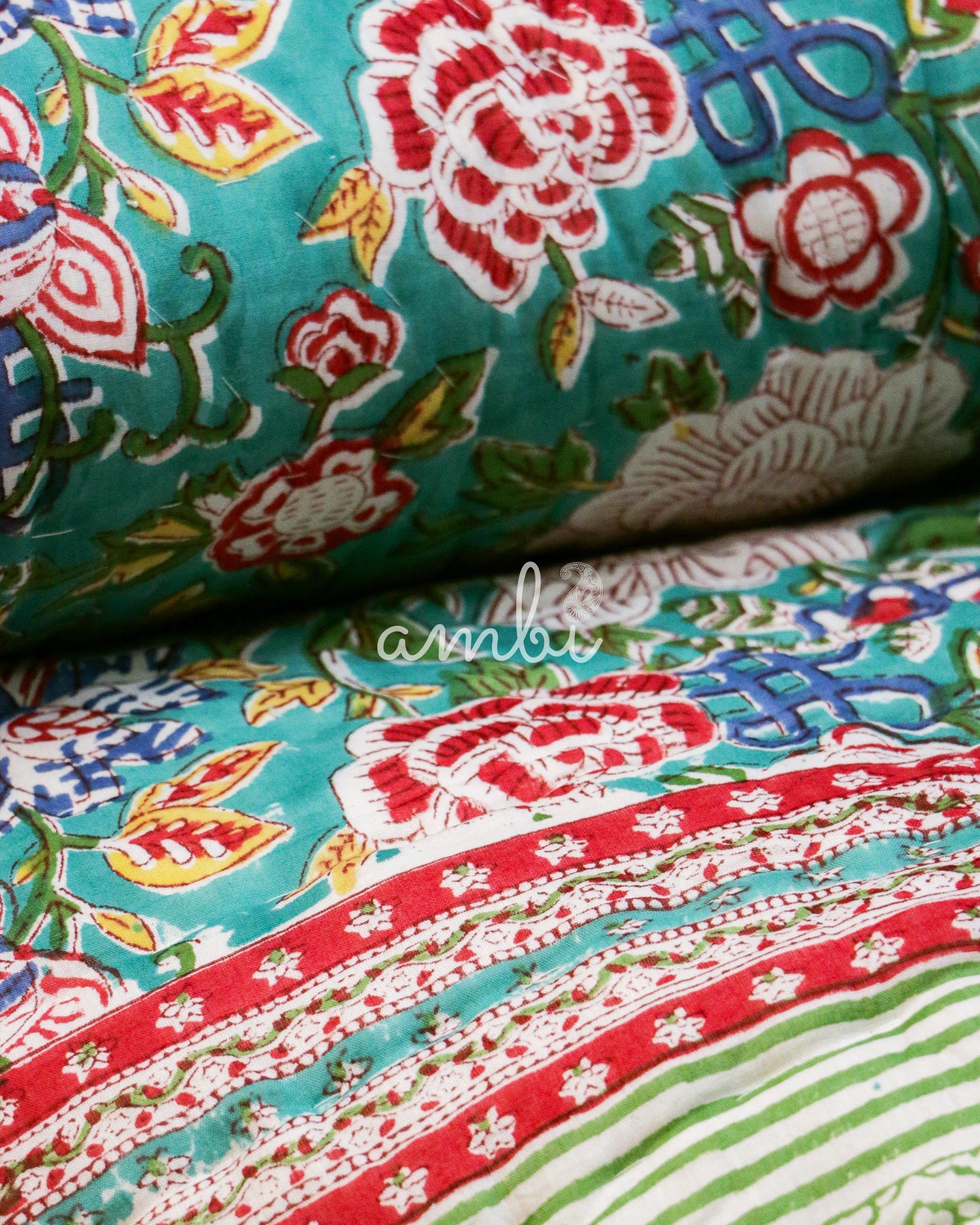 2026 Collection - Cyan Floral Hand Block Printed Jaipuri Rajai / Quilt- Singles - Pair of 2 - 60X90 Inches each