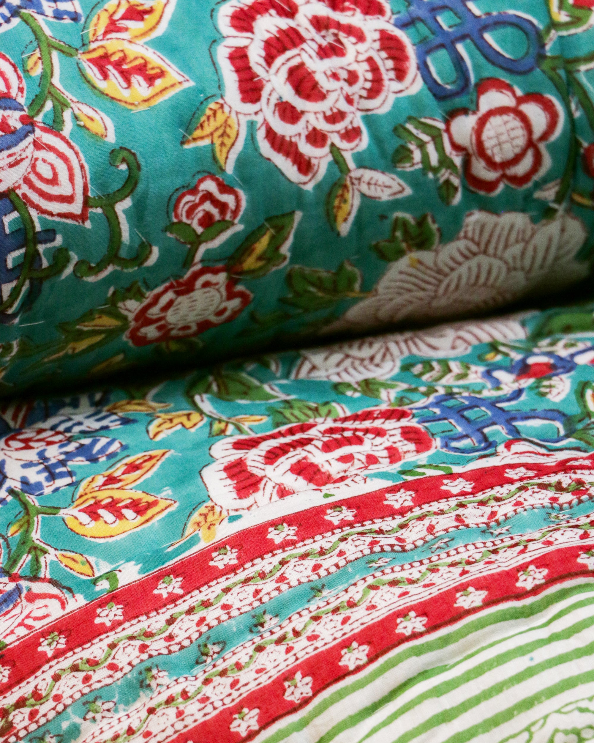 Diwali 2025 Collection - Cyan Floral Hand Block Printed Jaipuri Rajai / Quilt- Singles - Pair of 2 - 60X90 Inches each