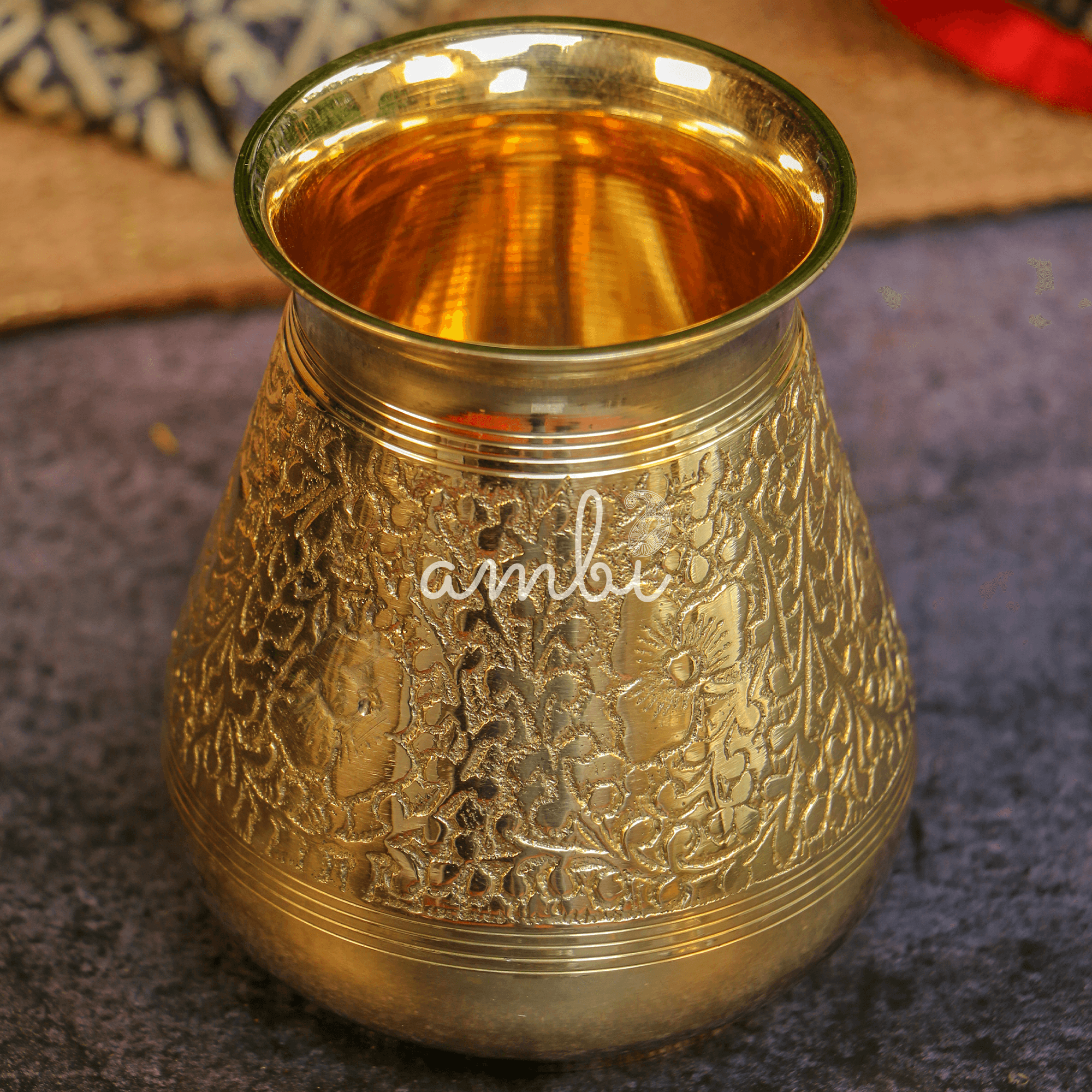 100 % Brass Embossed Lota Kalash for Pooja or Water Storage - Conical