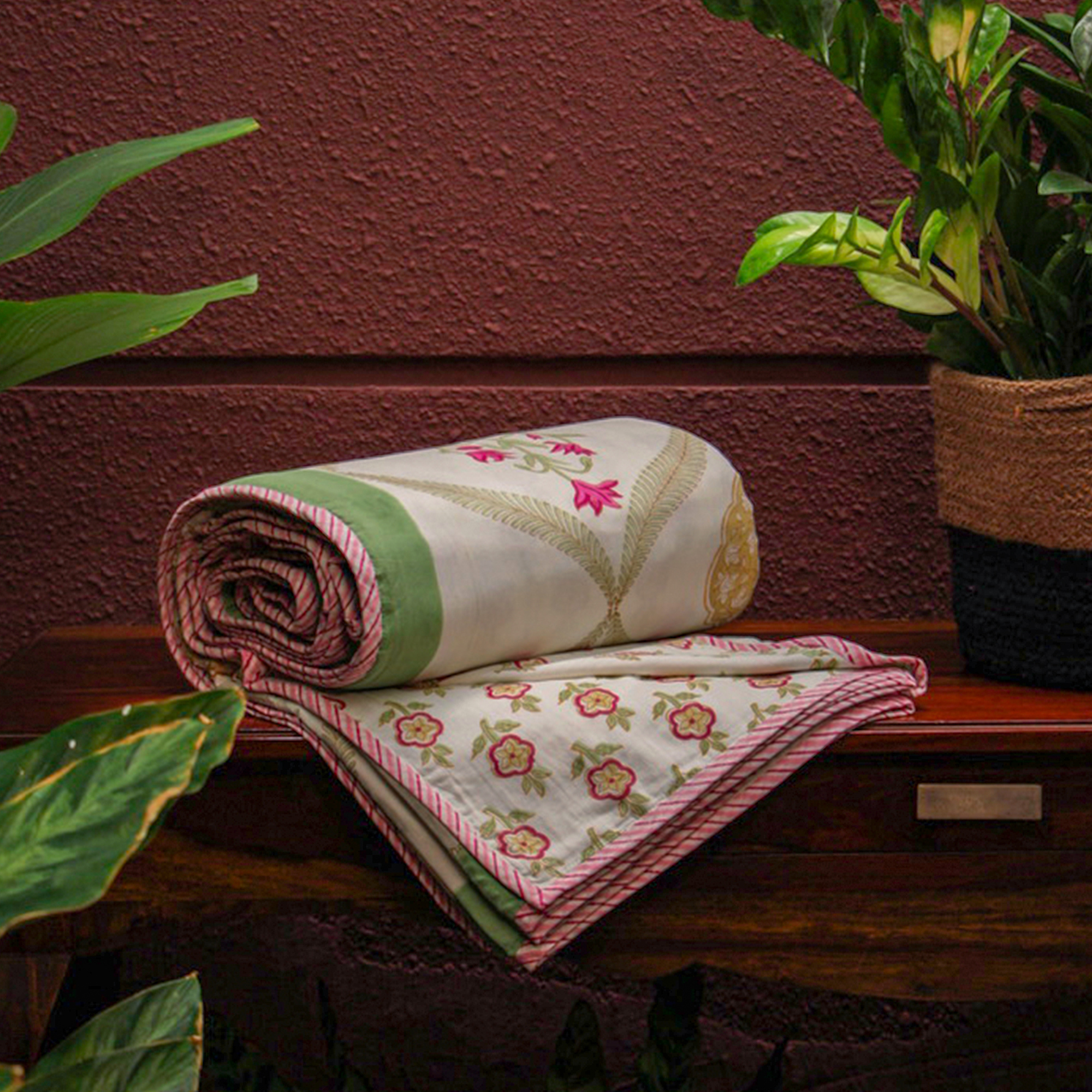 2026 Collection - Jaipuri Pink Floral Mulmul Triple Layer Reversible Dohar (Double Bed) - 90X108 Inches