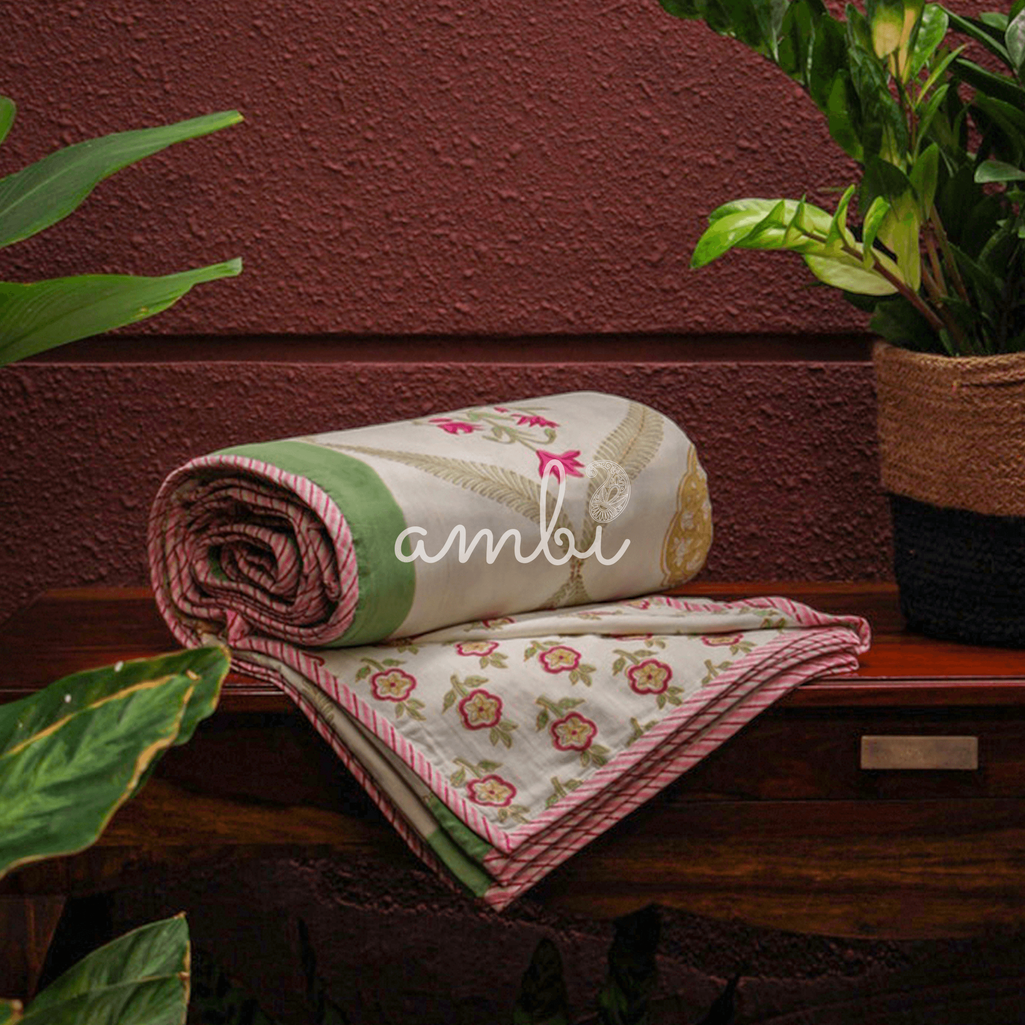 2026 Collection - Jaipuri Pink Floral Mulmul Triple Layer Reversible Dohar (Double Bed) - 90X108 Inches