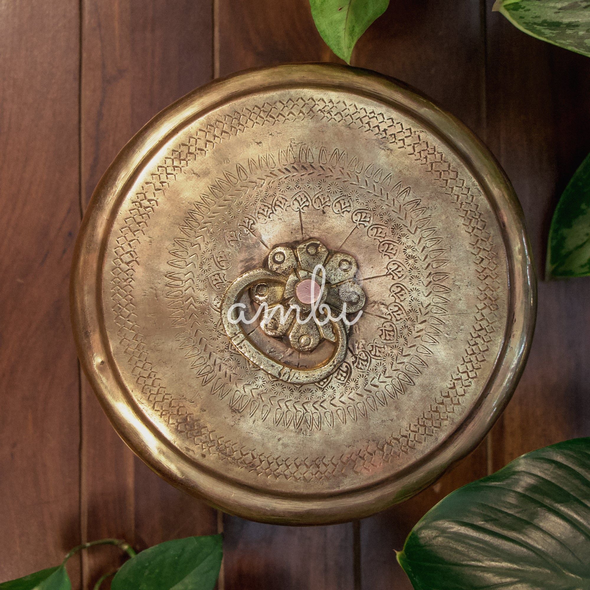 Handcrafted Vintage Floral Engraved Brass Chapati Box on Legs - Small