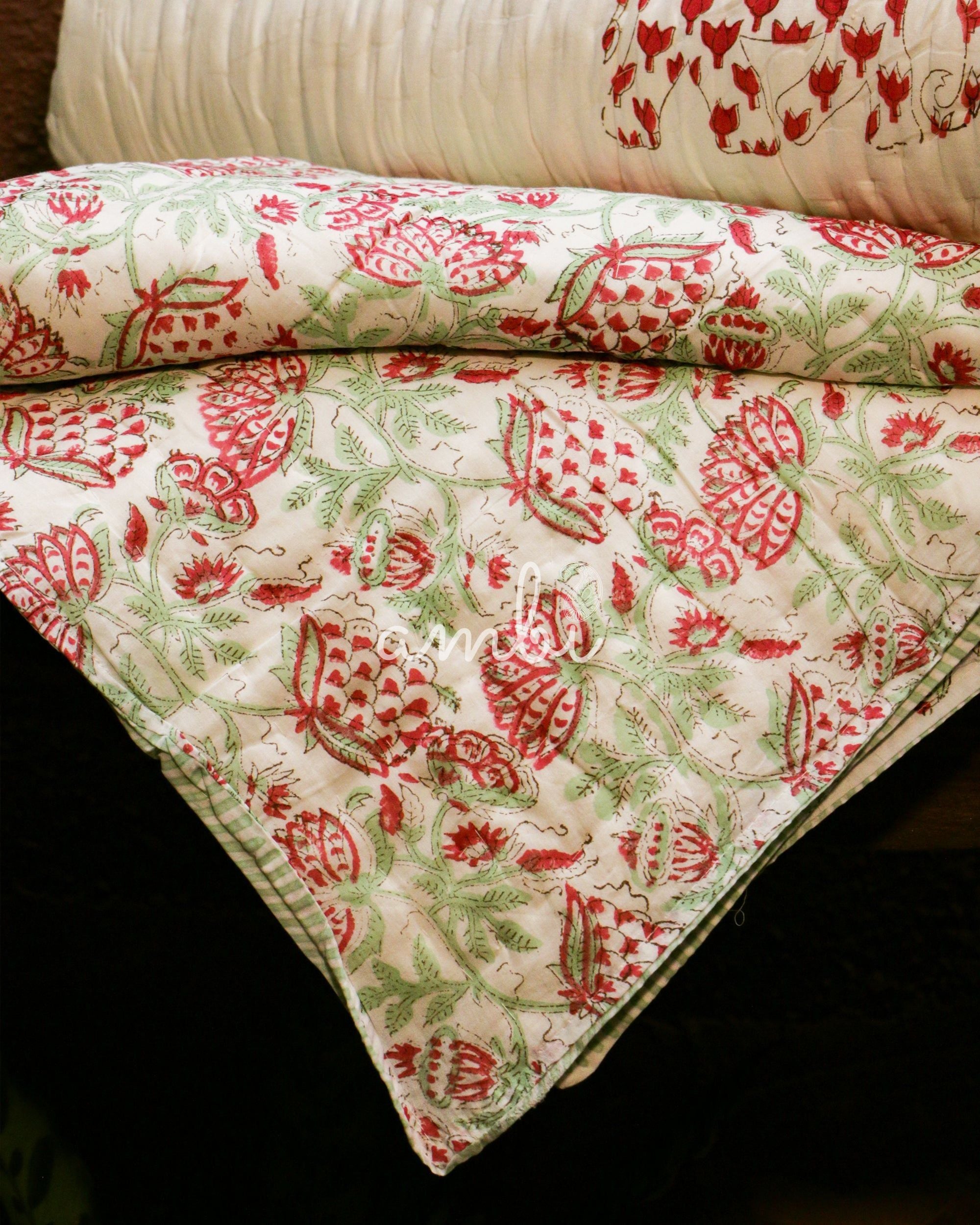 2026 Collection - Elephant Lotus Hand Block Printed Jaipuri Rajai / Quilt- Double - 90X108 Inches