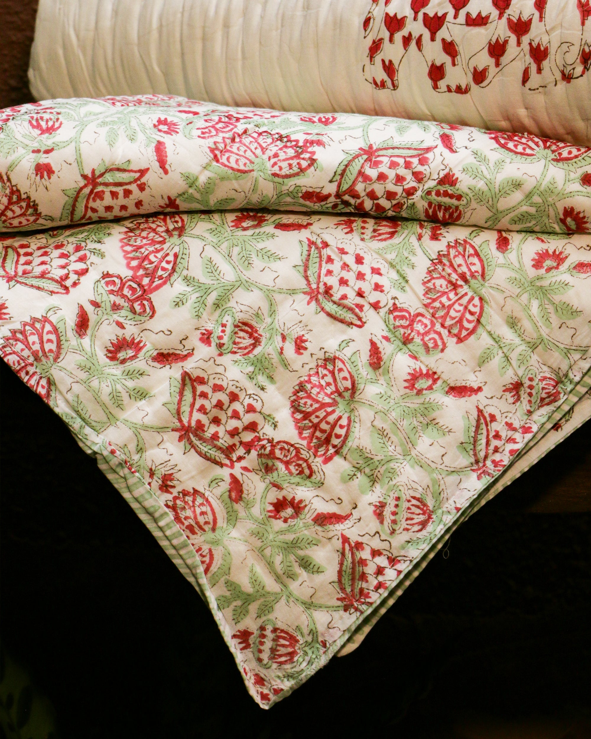 2026 Collection - Elephant Lotus Hand Block Printed Jaipuri Rajai / Quilt- Double - 90X108 Inches