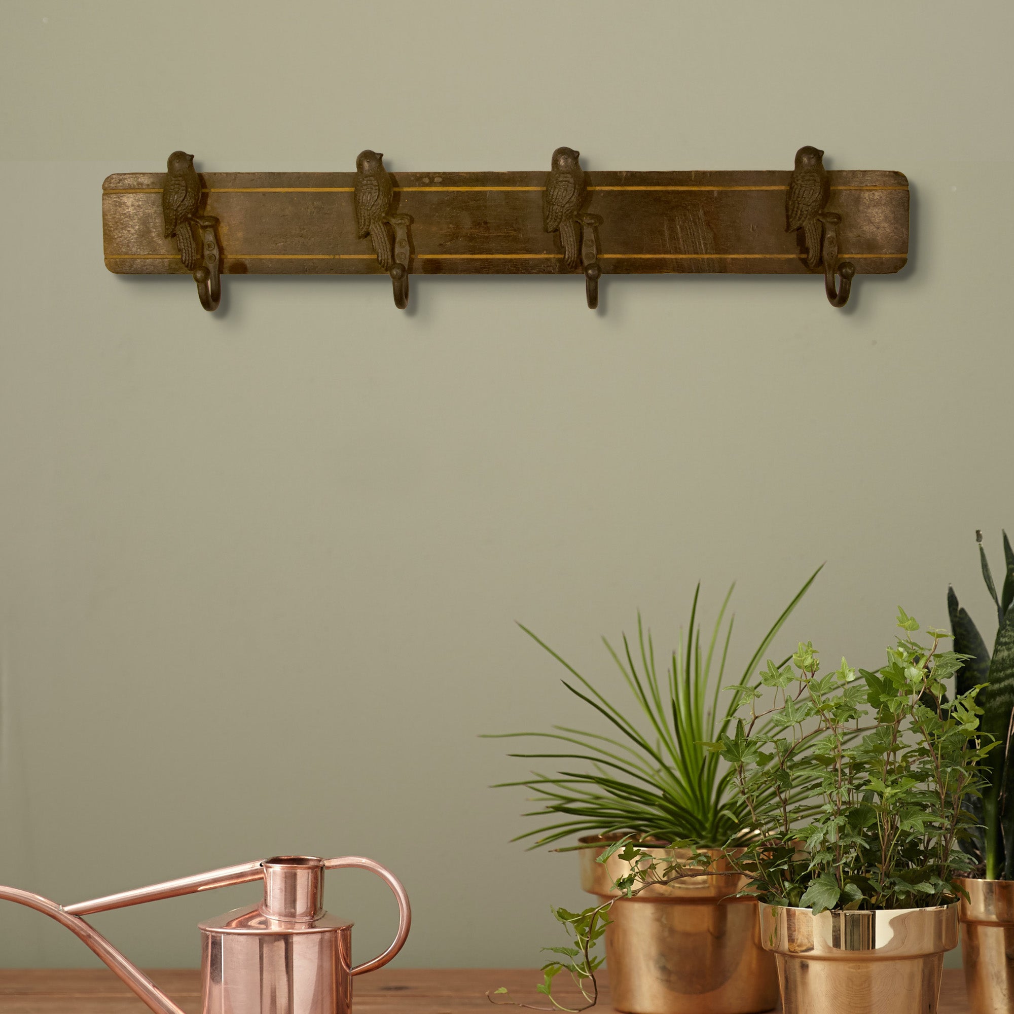 Rustic Wood Base Bird Shaped 4 Hooks - Brown Color