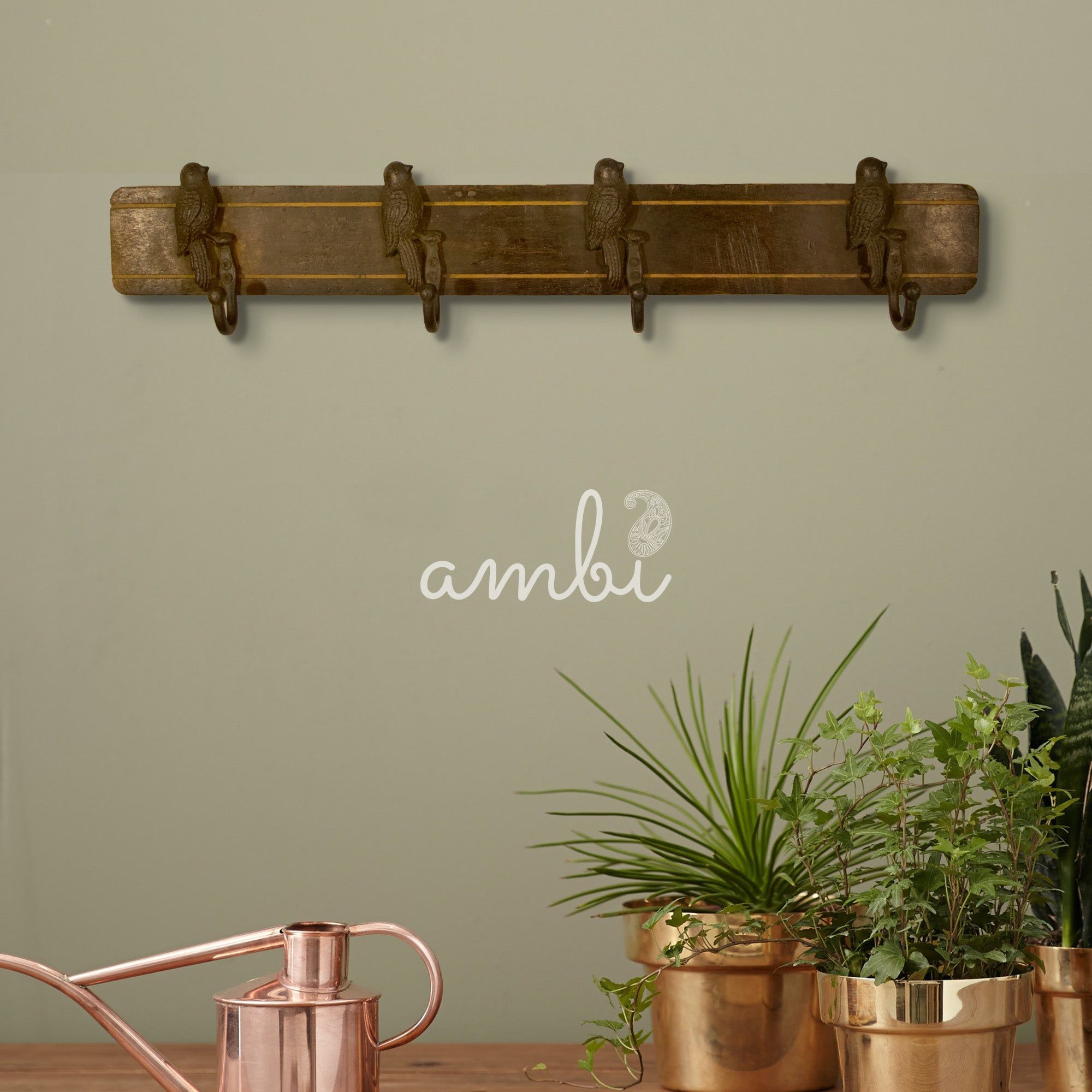 Rustic Wood Base Bird Shaped 4 Hooks - Brown Color