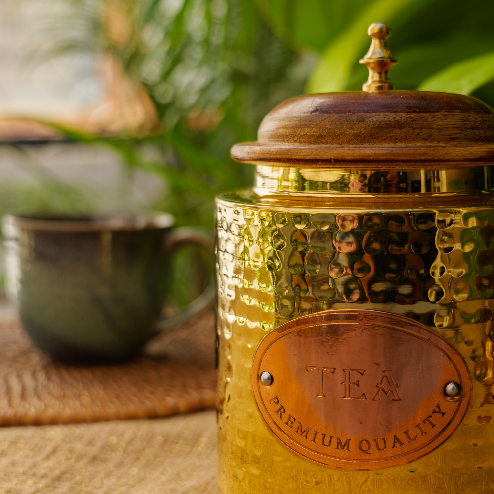 Tea Jar - Pure Brass Hammered Jar Storage Container - Large - Wood Lid