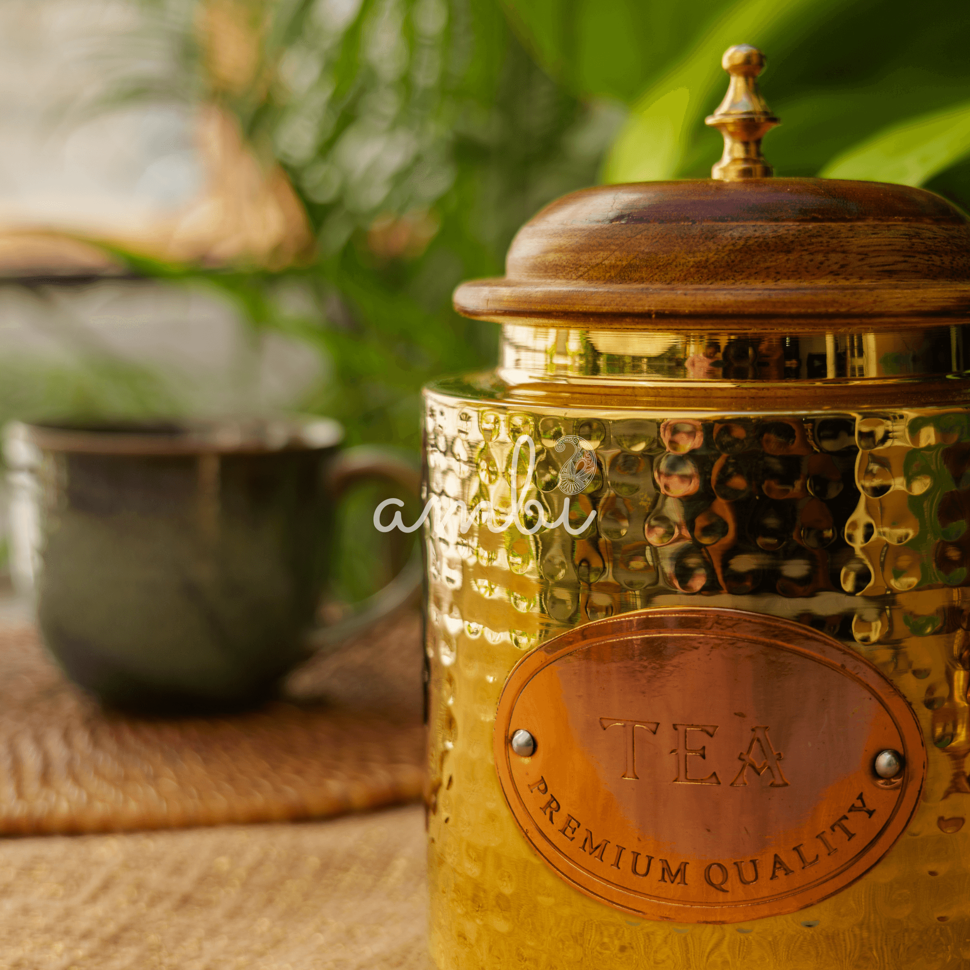 Tea Jar - Pure Brass Hammered Jar Storage Container - Large - Wood Lid