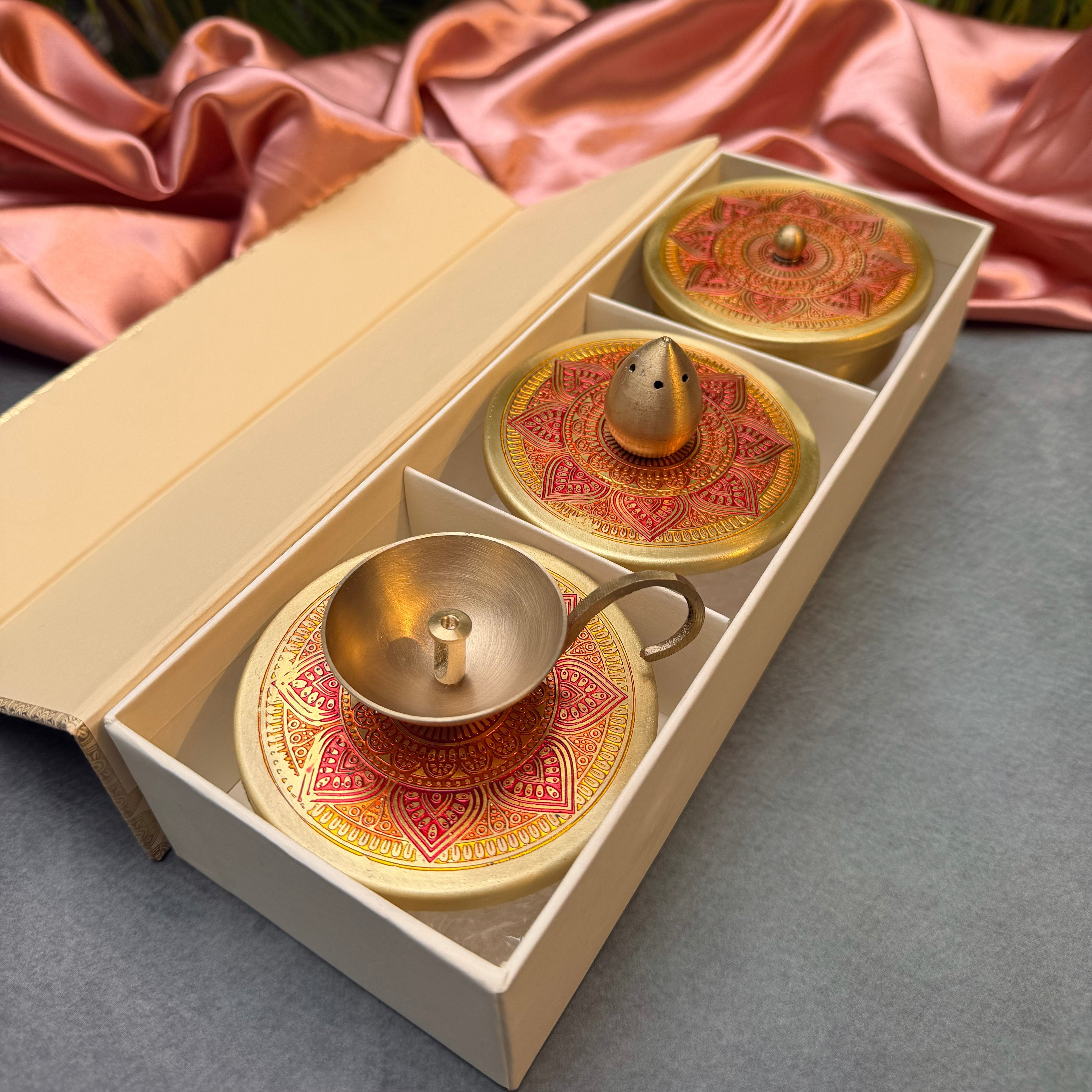 Ambi Pure Brass Mandala Pooja Essentials Set | Diya, Incense Holder& Multipurpose Box |