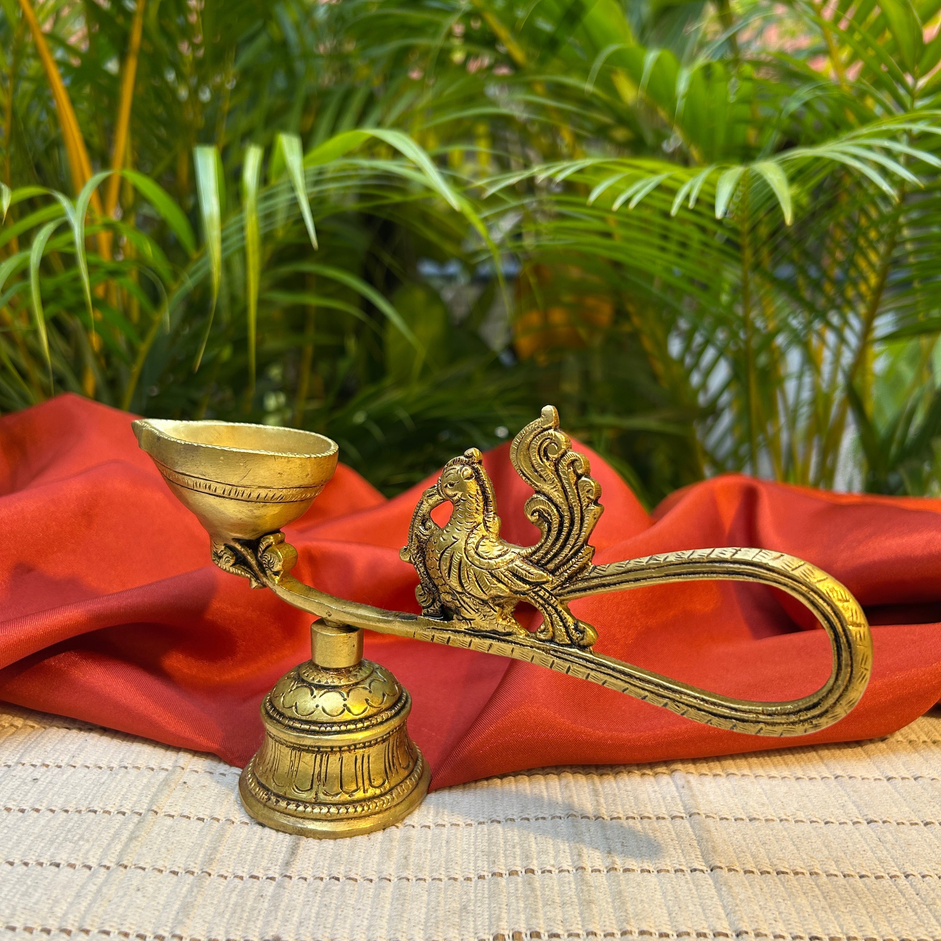 Ambi Handcrafted Pure Brass Peacock Deepam with Bell | Traditional Puja Lamp