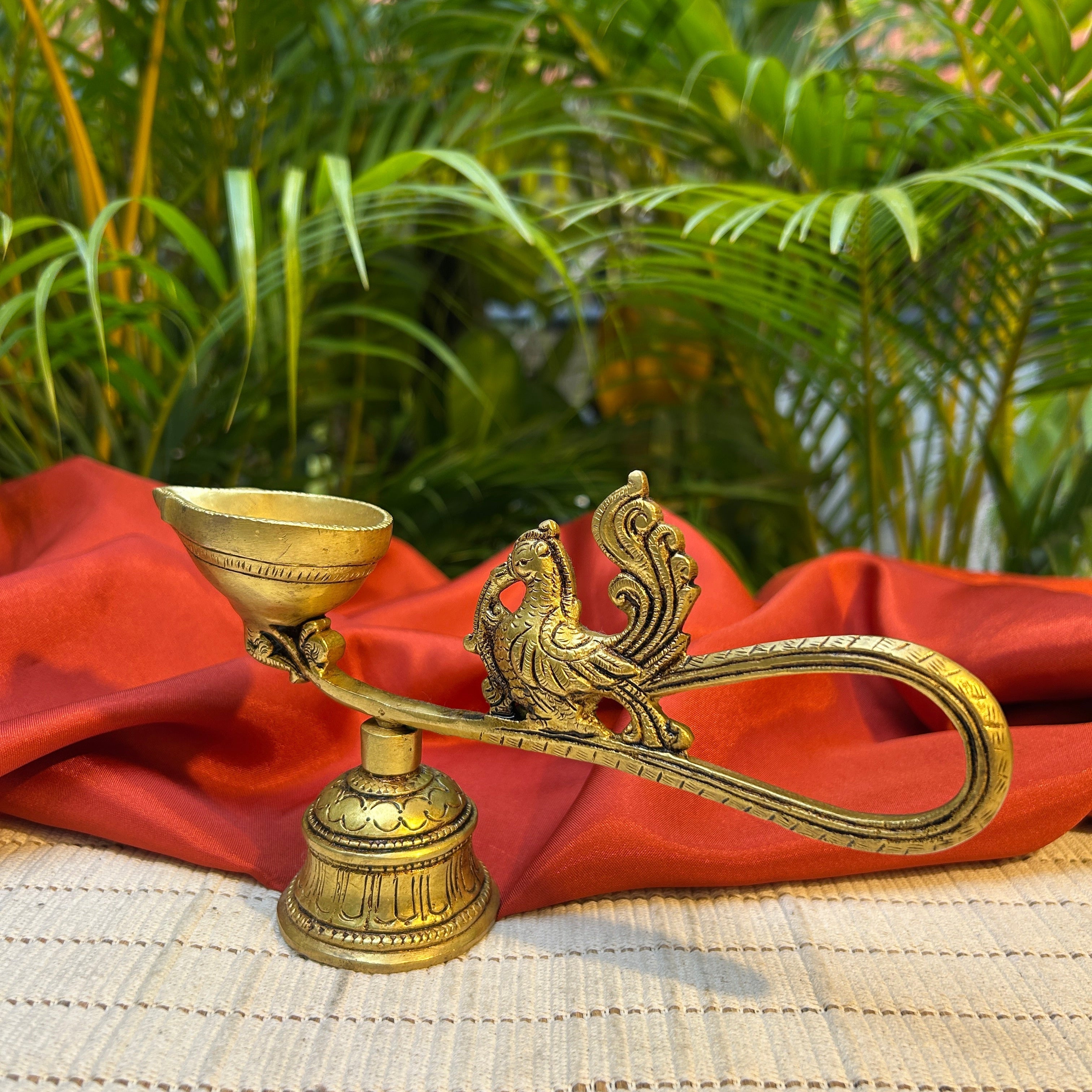 Ambi Handcrafted Pure Brass Peacock Deepam with Bell | Traditional Puja Lamp