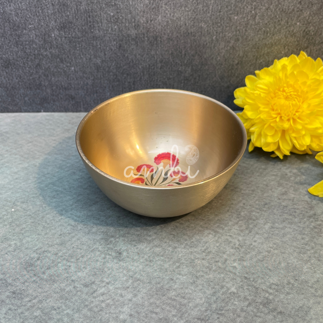 AMBI Lead Free 100% Pure Kansa Floral Hand Painted Finish Small Bowl - (Katori) 3 inch