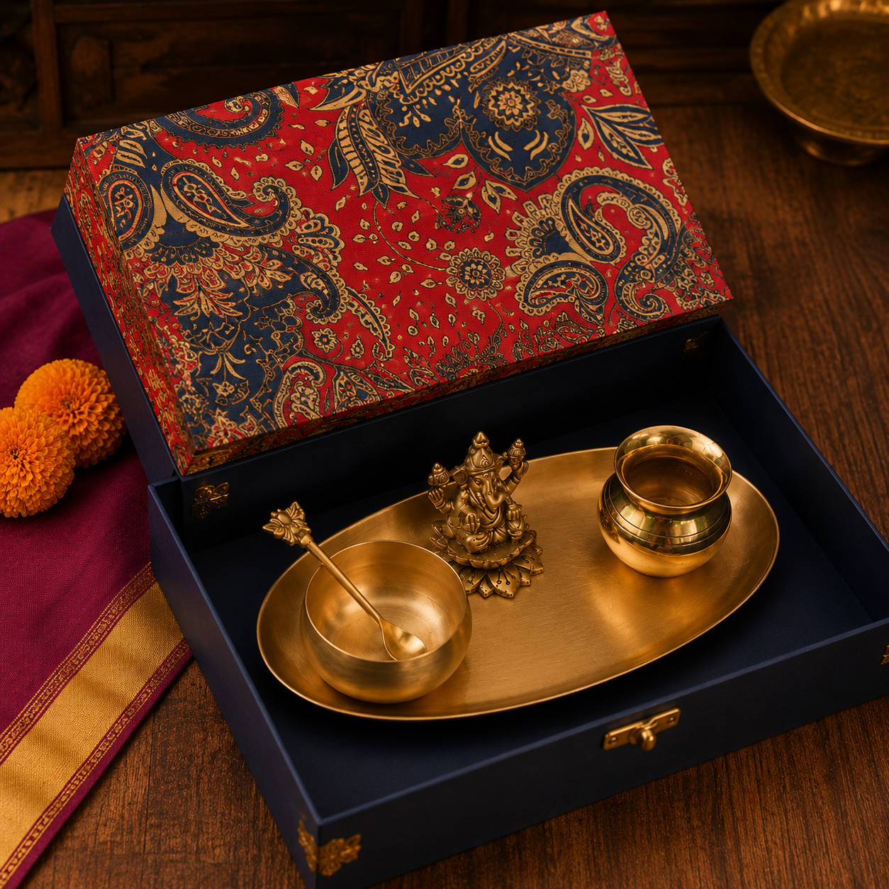 A brass Golu set including a small pot, bowl with spoon, and decorative Ganesha figurine, presented in an open dark blue box with a red paisley patterned lid on a wooden surface.