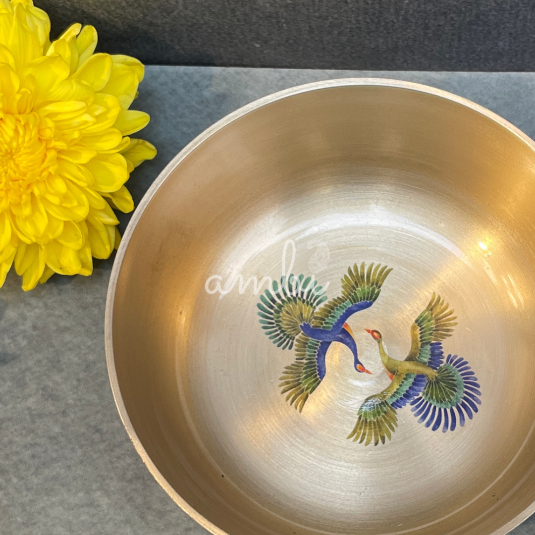 AMBI Lead Free 100% Pure Kansa Pattachitra birds Hand Painted Finish Small Bowl - 3.5 Inch - 180 ML