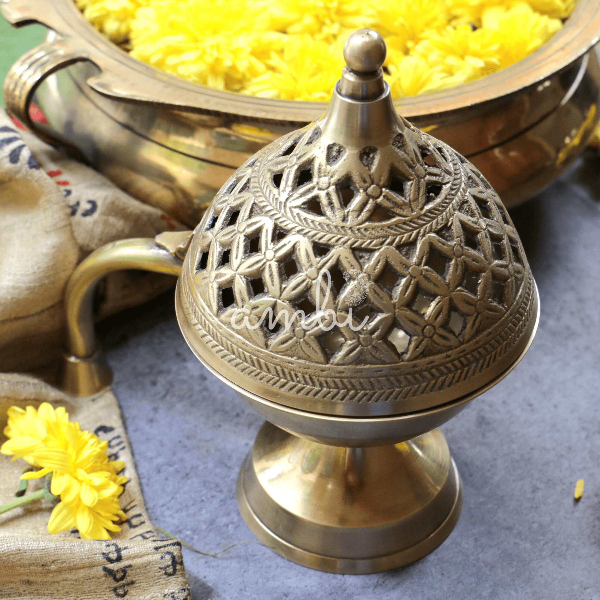 Intricate Design Brass Dhuni Loban Sambrani Incense Burner (Small)