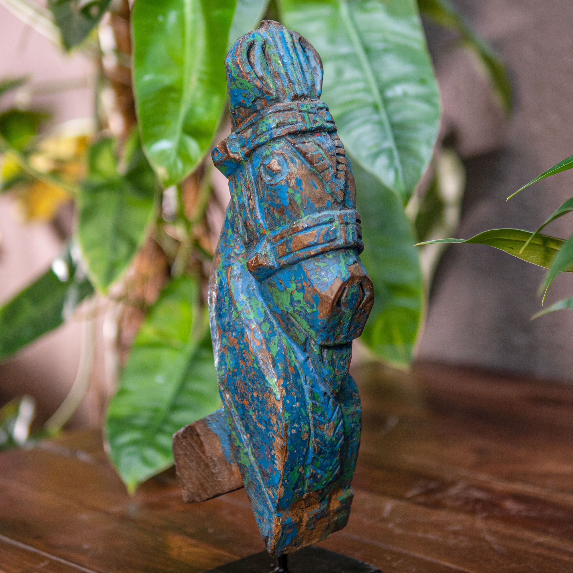 Hand Crafted Wooden Horses With Stand (Blue) - Pair of 2 - collectors items