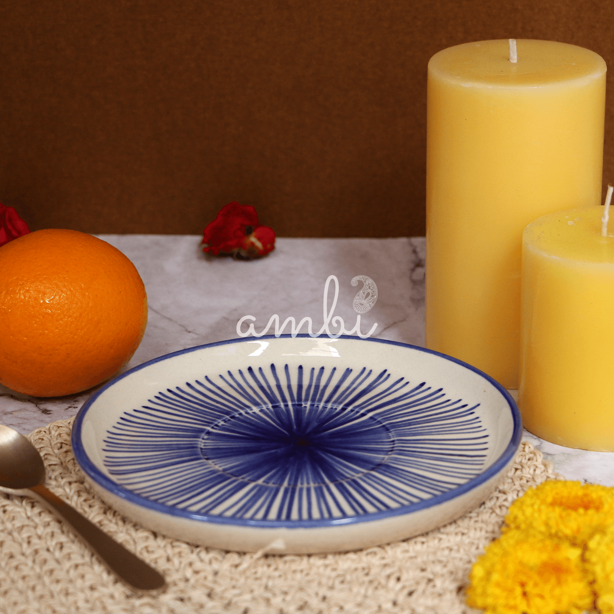 Ambi Stoneware Glazed Blue Decal Small Plate 6 inch - Set of 2