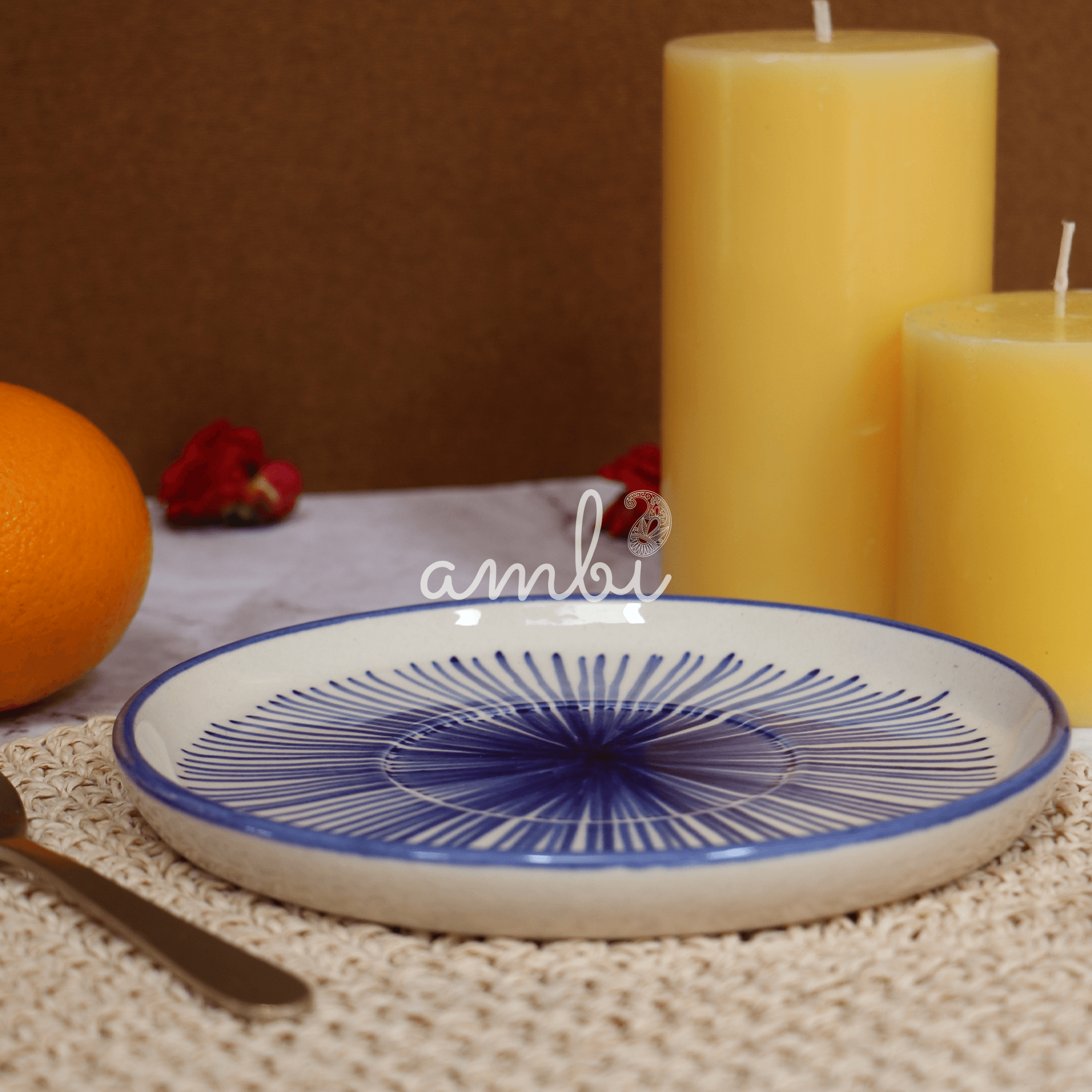 Ambi Stoneware Glazed Blue Decal Small Plate 6 inch - Set of 2