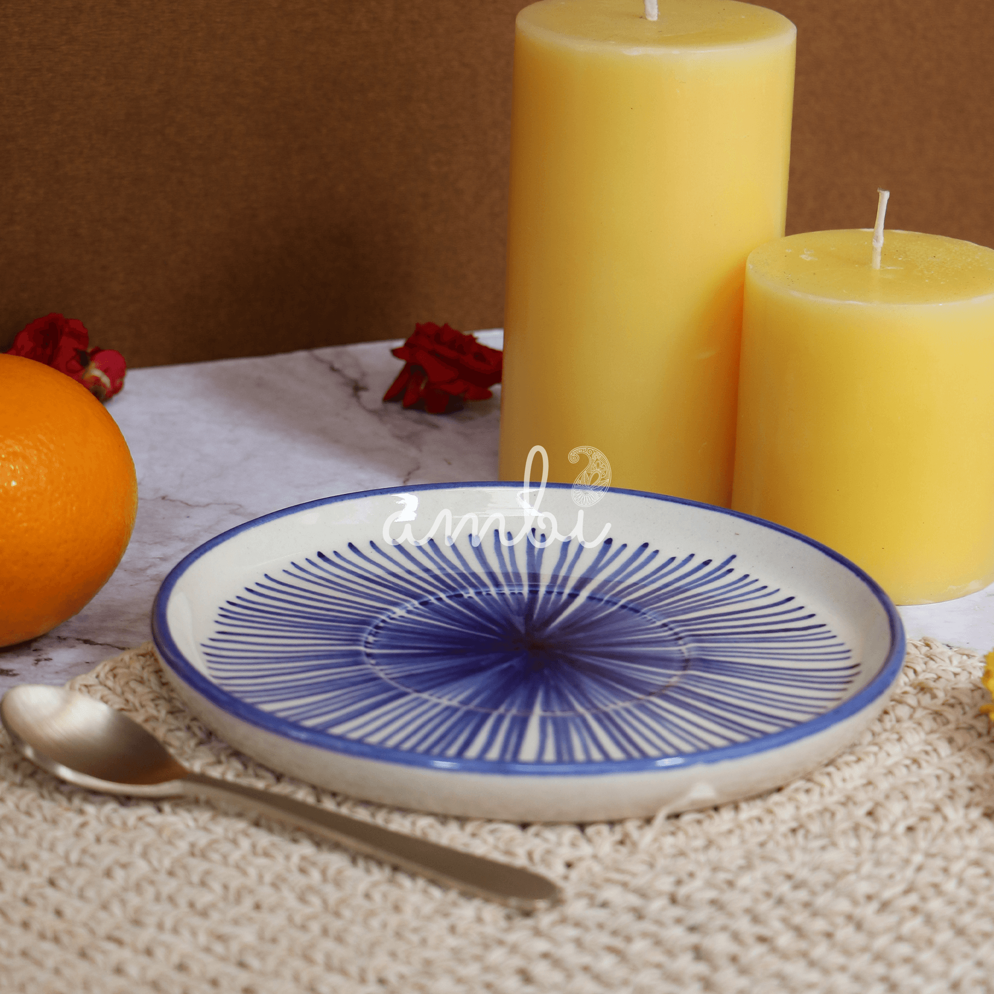 Ambi Stoneware Glazed Blue Decal Small Plate 6 inch - Set of 2