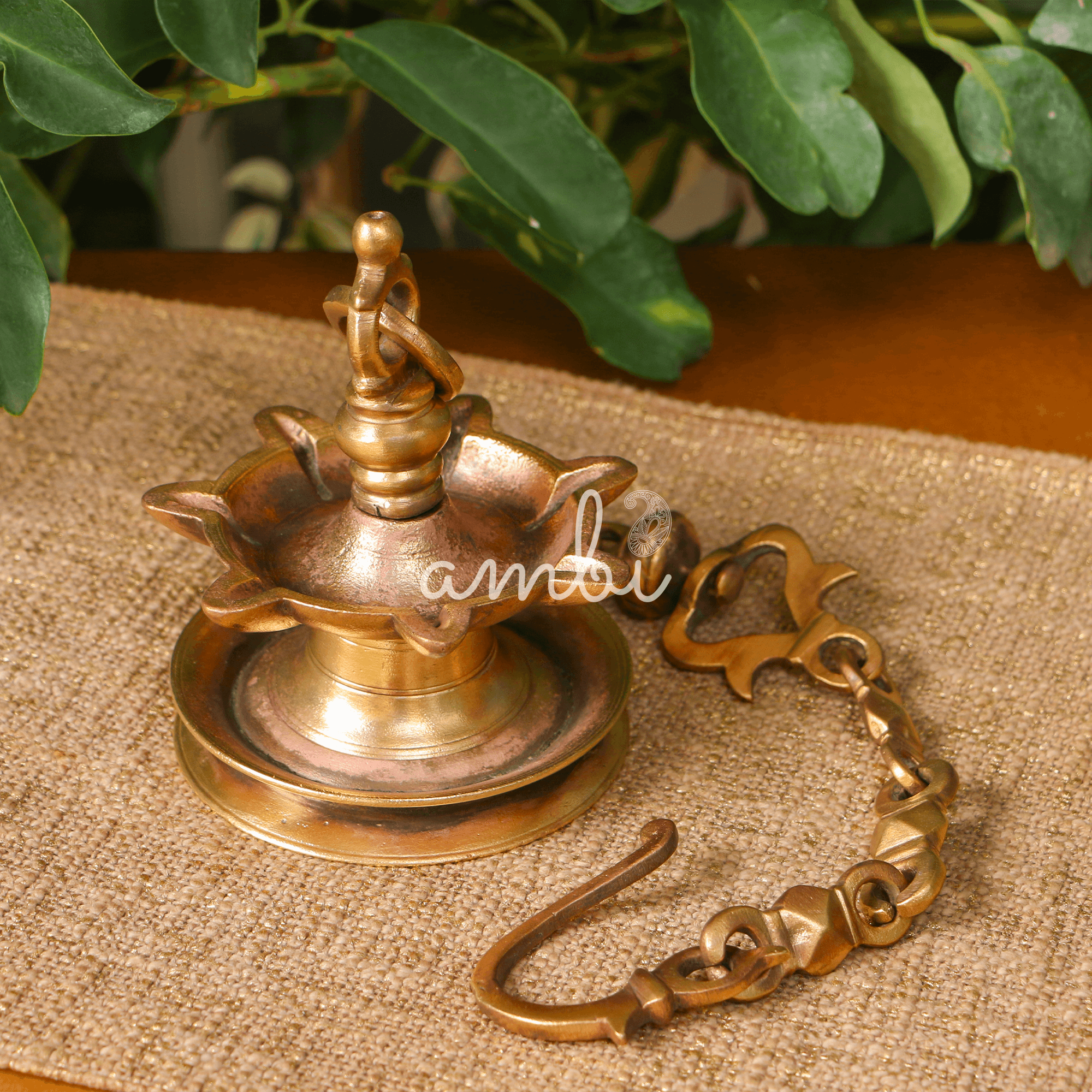 Vintage Hanging Brass Lamp with Seven Diyas and Hanging Chain (Latkan) - Heavy Base