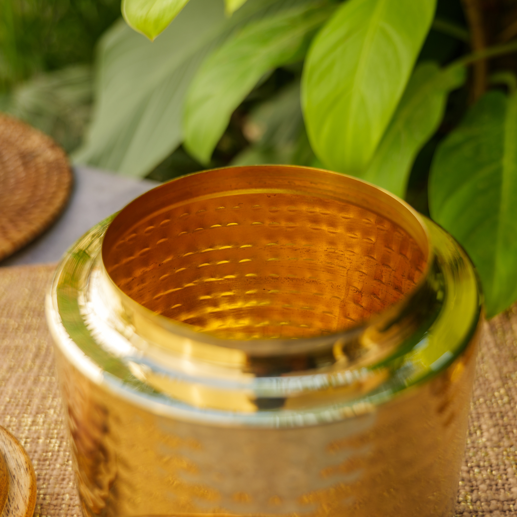 Tea Jar - Pure Brass Hammered Jar Storage Container - Large - Wood Lid