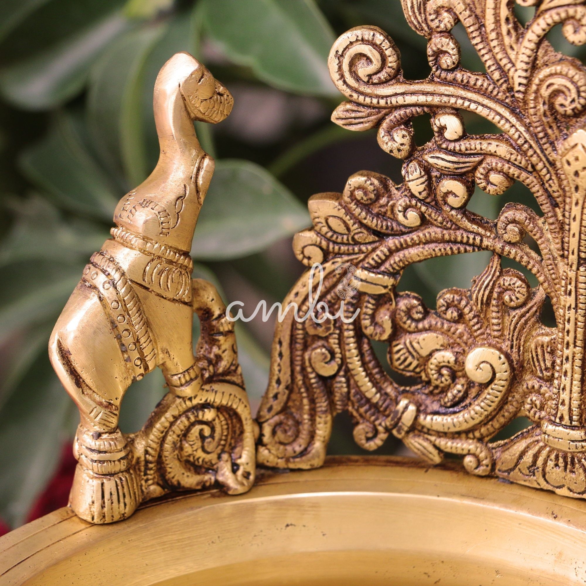 Pure brass Ethnic Traditional Elephant and Flower Designed Urli - Antique Style