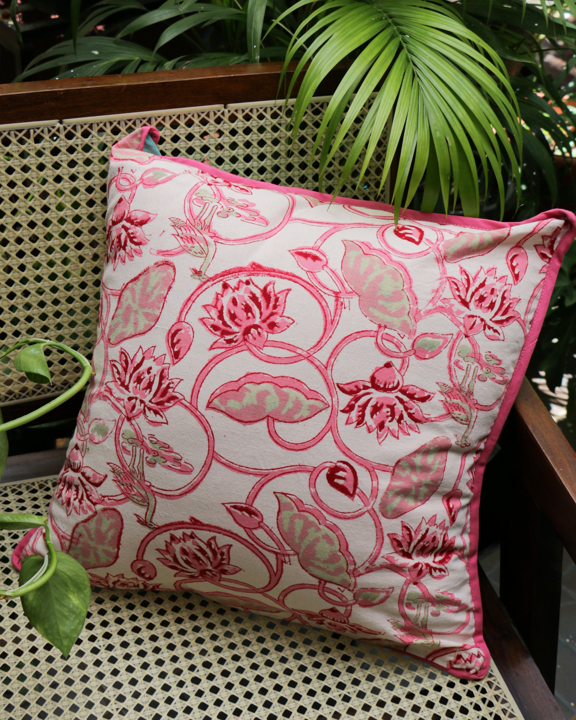 2026 Collection - Hand Block Printed Double Side Cushion Cover Pink & Cyan (Set of 4) - 16 X 16 inches