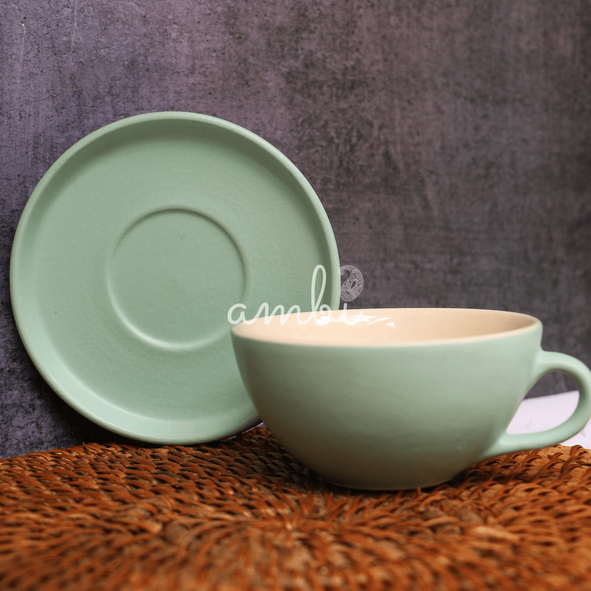Ambi Ceramic Teal Green Cup and Saucer Set I Handmade Pottery Set of 1 - 180 ml