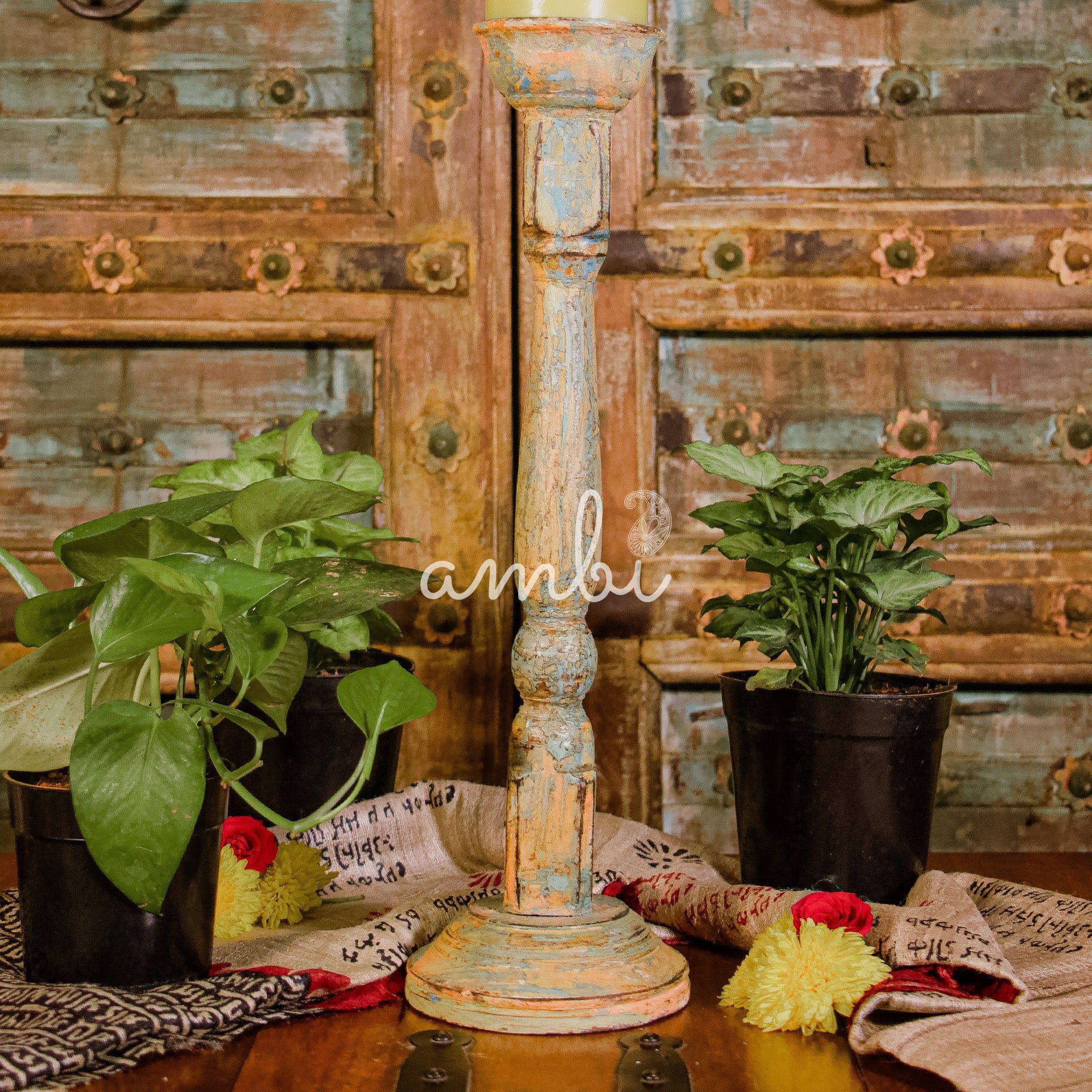 Wooden Candle Distressed Look Stand - Multicolour