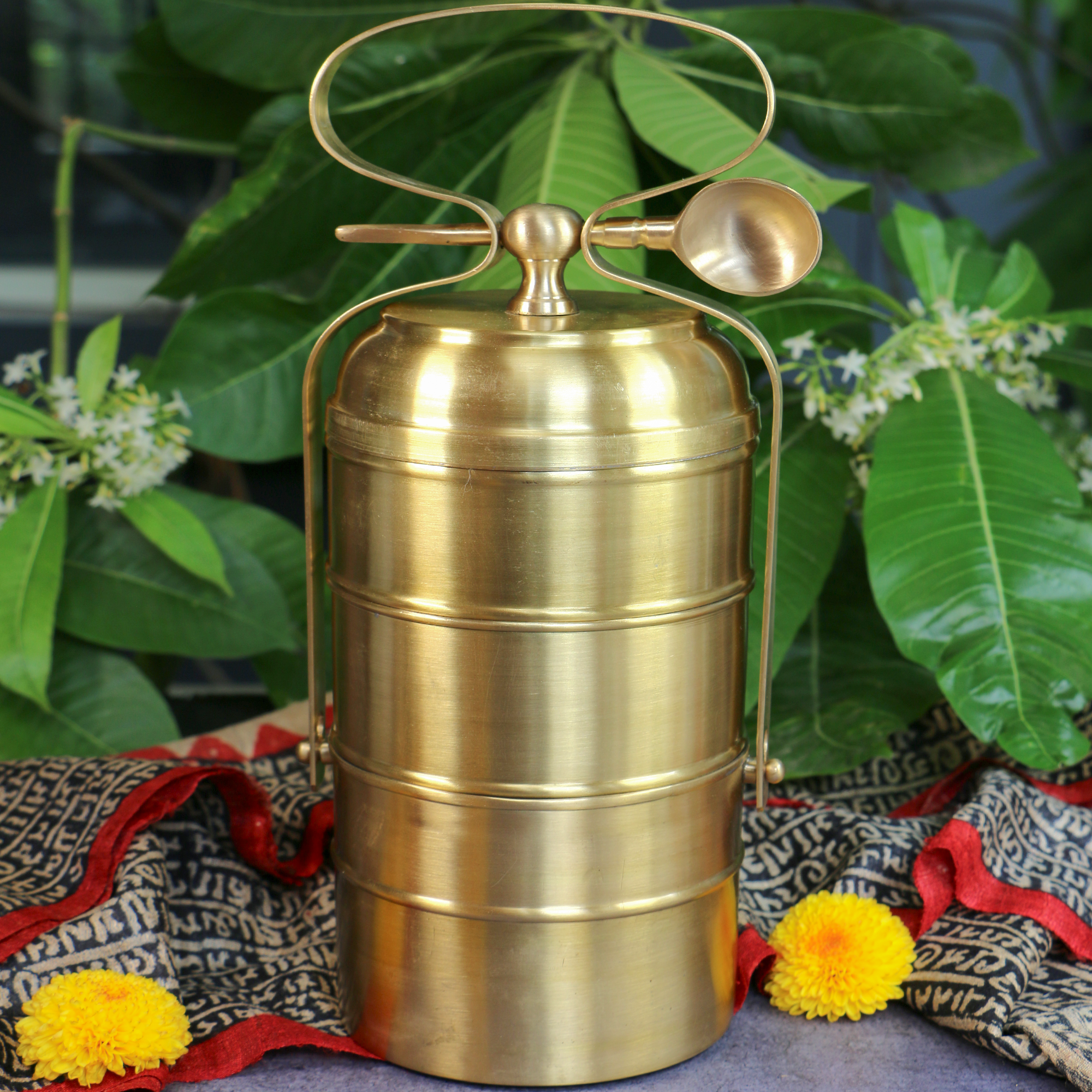 AMBI Super Elegant Pure Brass 3 Tier Tiffin Set in Matte Finish with Spoon