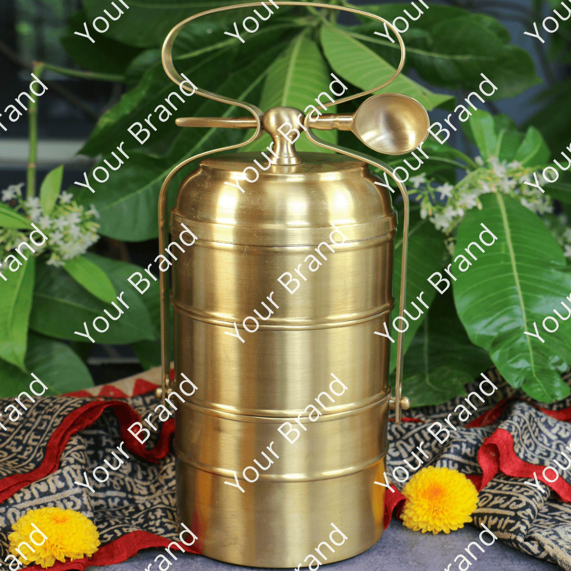 AMBI Super Elegant Pure Brass 3 Tier Tiffin Set in Matte Finish with Spoon