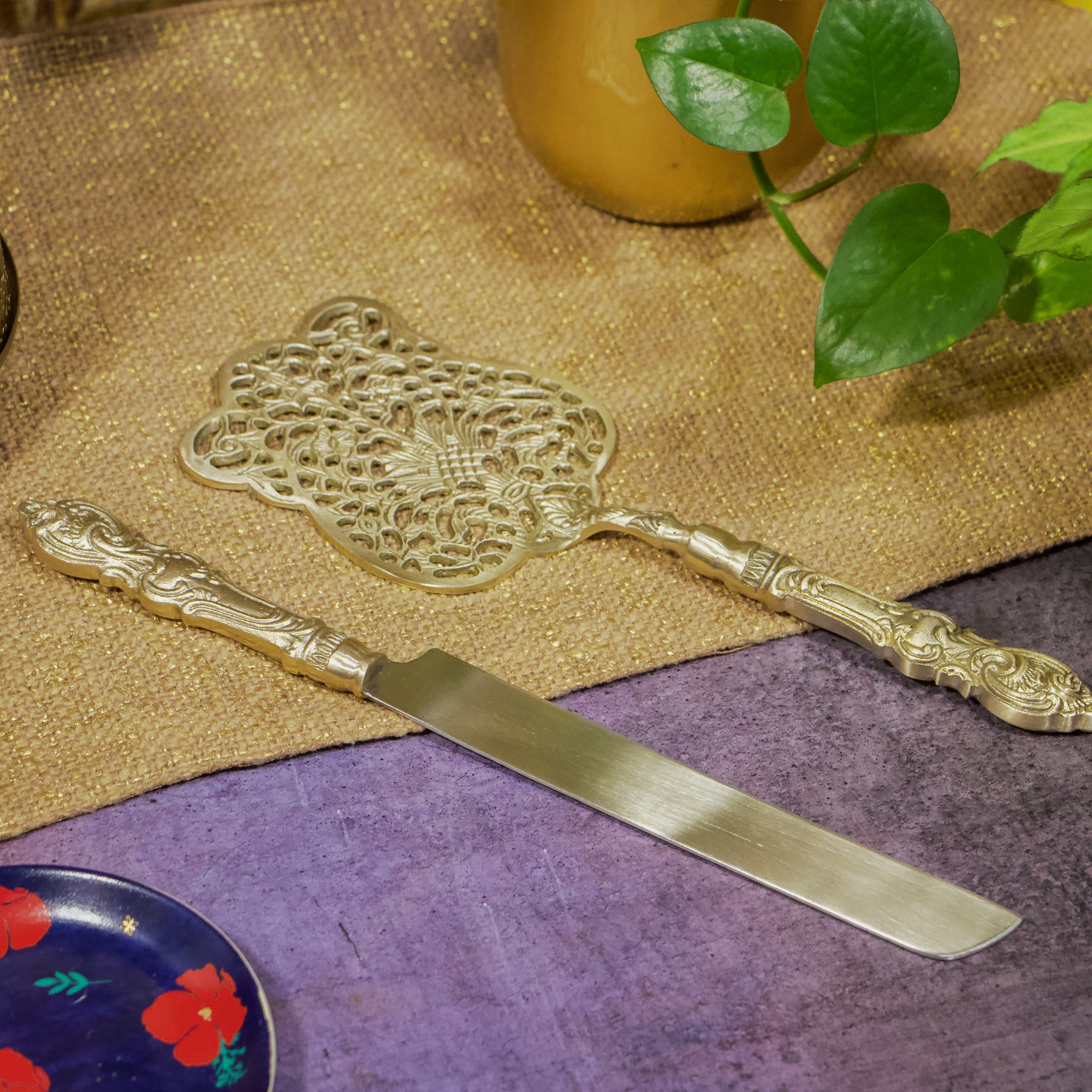 Vintage Look Handcrafted Pure Brass Royal Cake Server - Set of 2