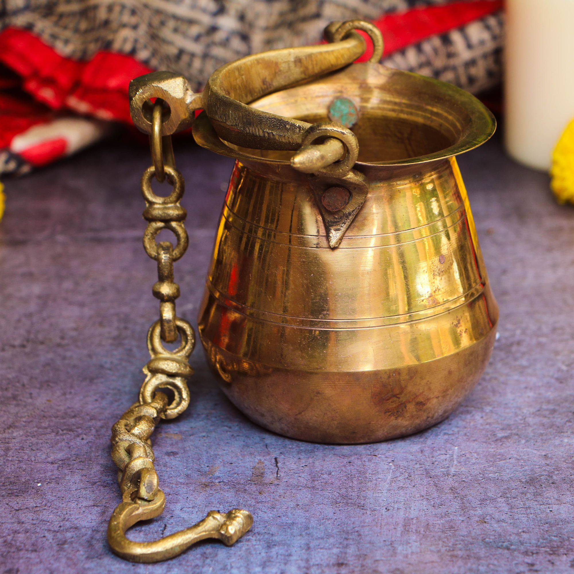 Handcrafted Vintage Heritage Brass Lota with Hanging Chain | Ambi