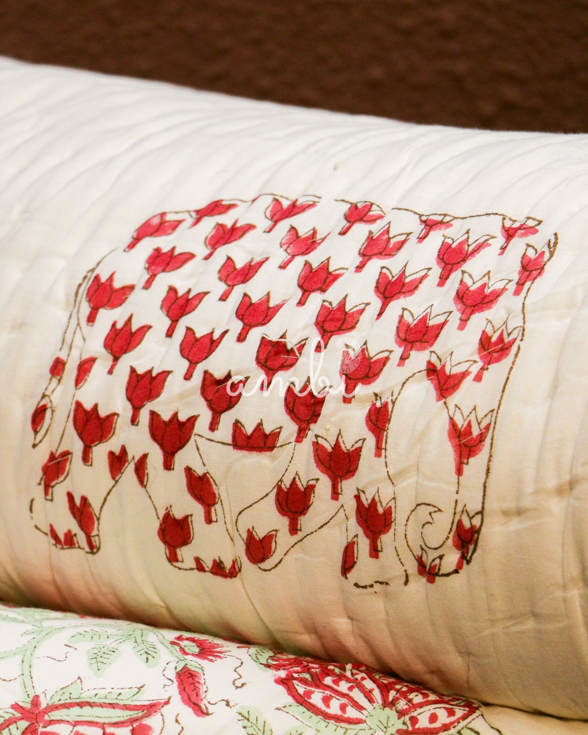 2026 Collection - Elephant Lotus Hand Block Printed Jaipuri Rajai / Quilt- Double - 90X108 Inches