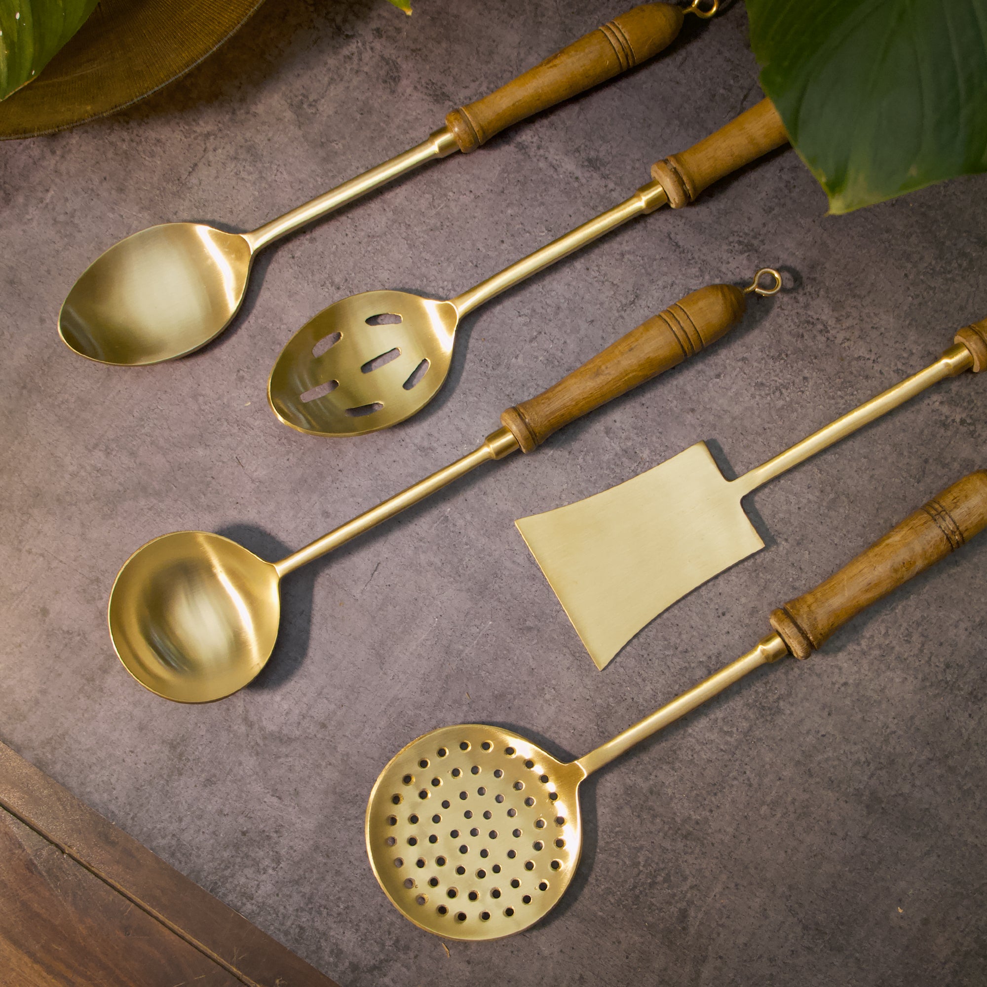 Heavy Brass Cooking Ladles / Karchi - Set of Five - Matt Finish