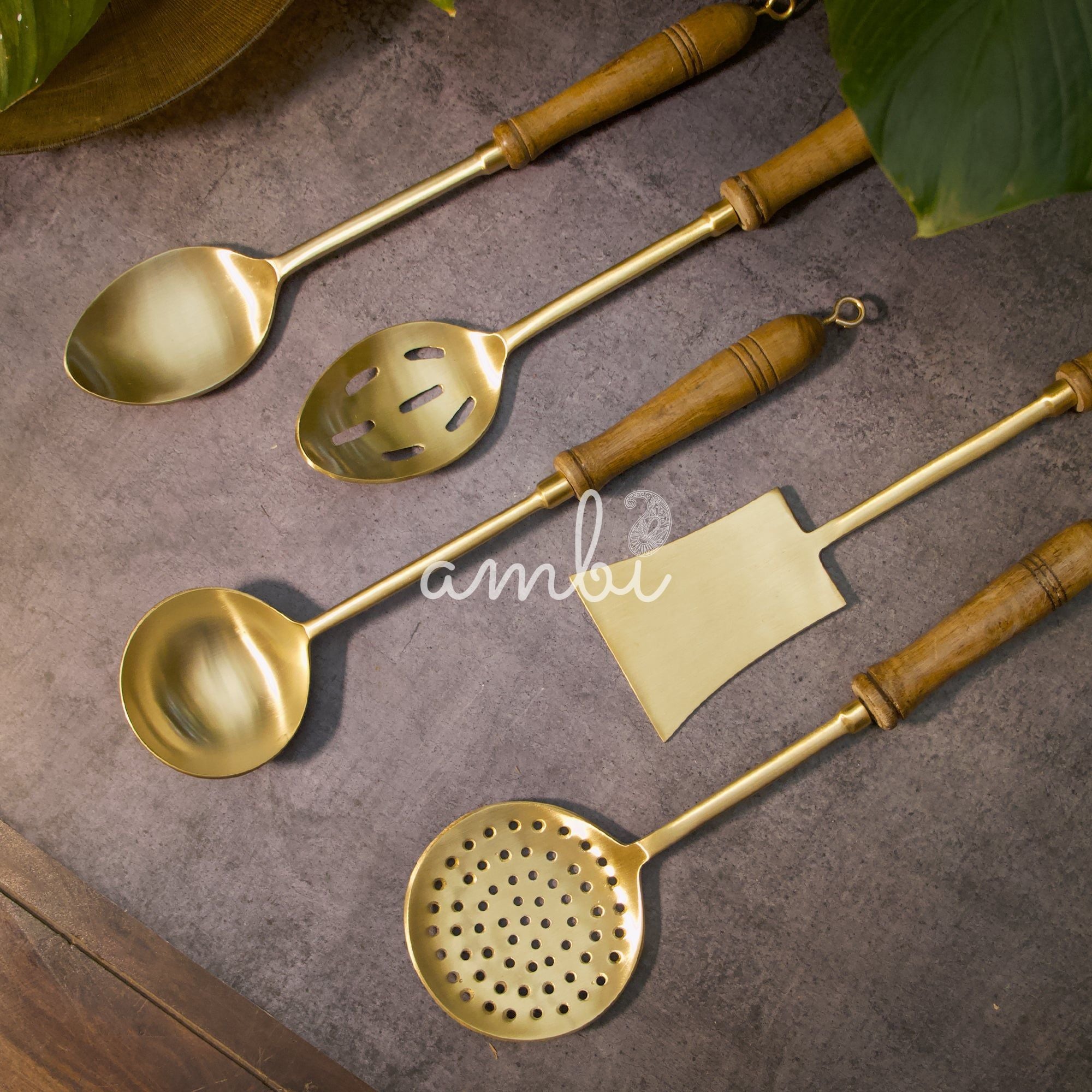 Heavy Brass Cooking Ladles / Karchi - Set of Five - Matt Finish