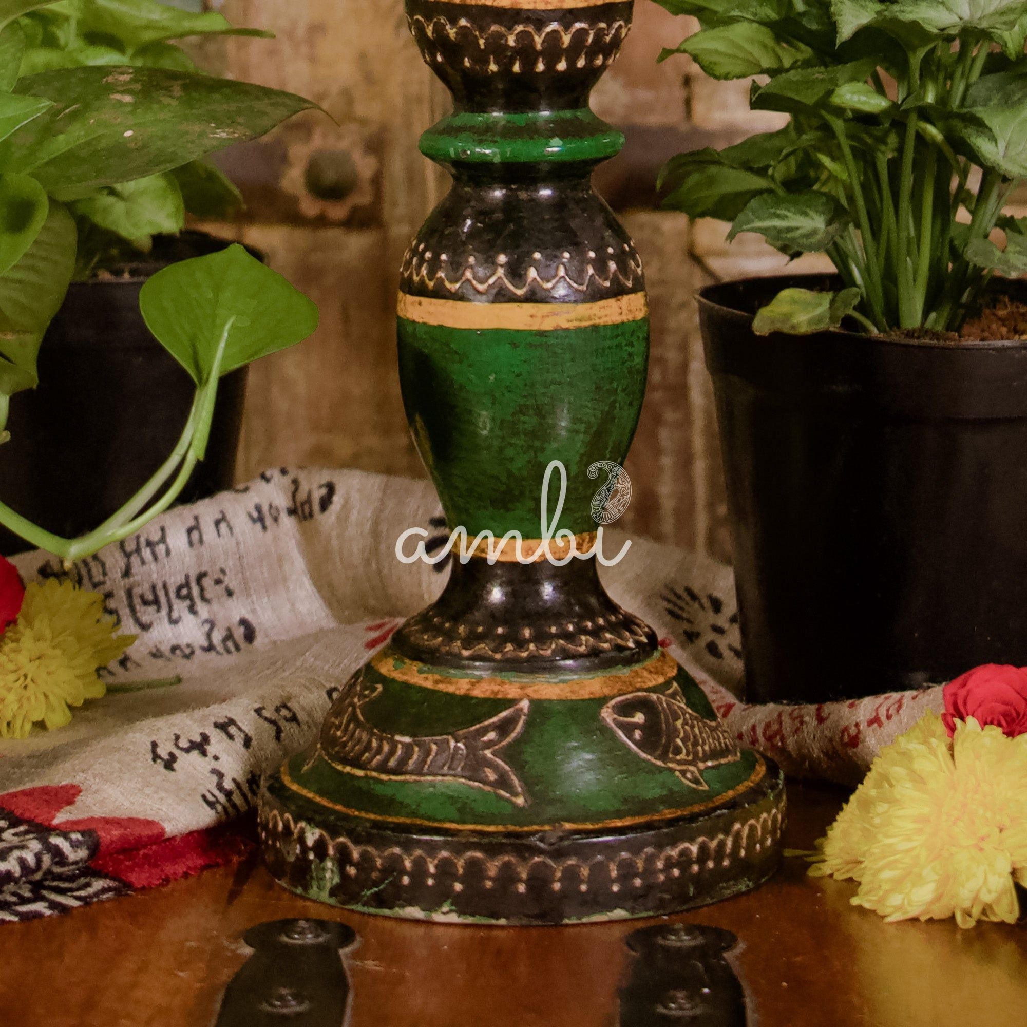 Wooden Candle Rustic Look Stand - Dark Green