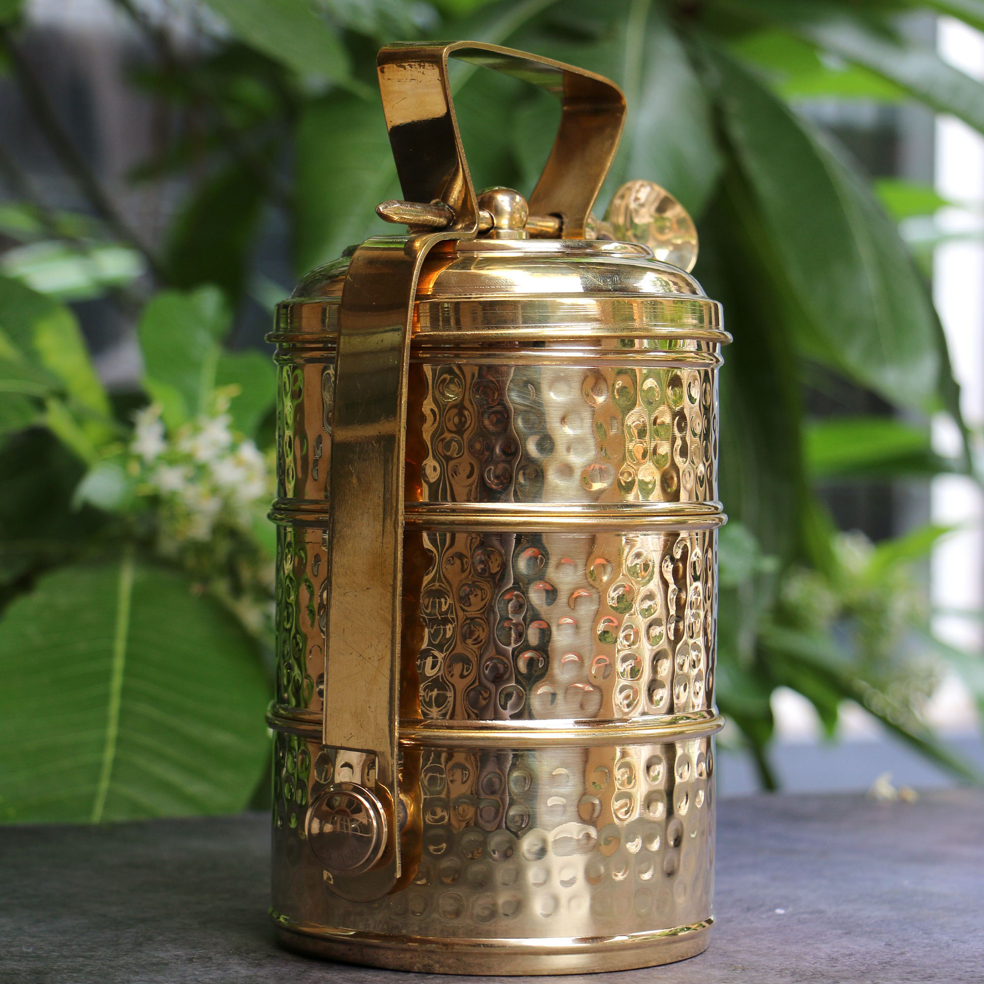 AMBI Pure Brass Hammered Three Tier Tiffin Box With Spoon Large