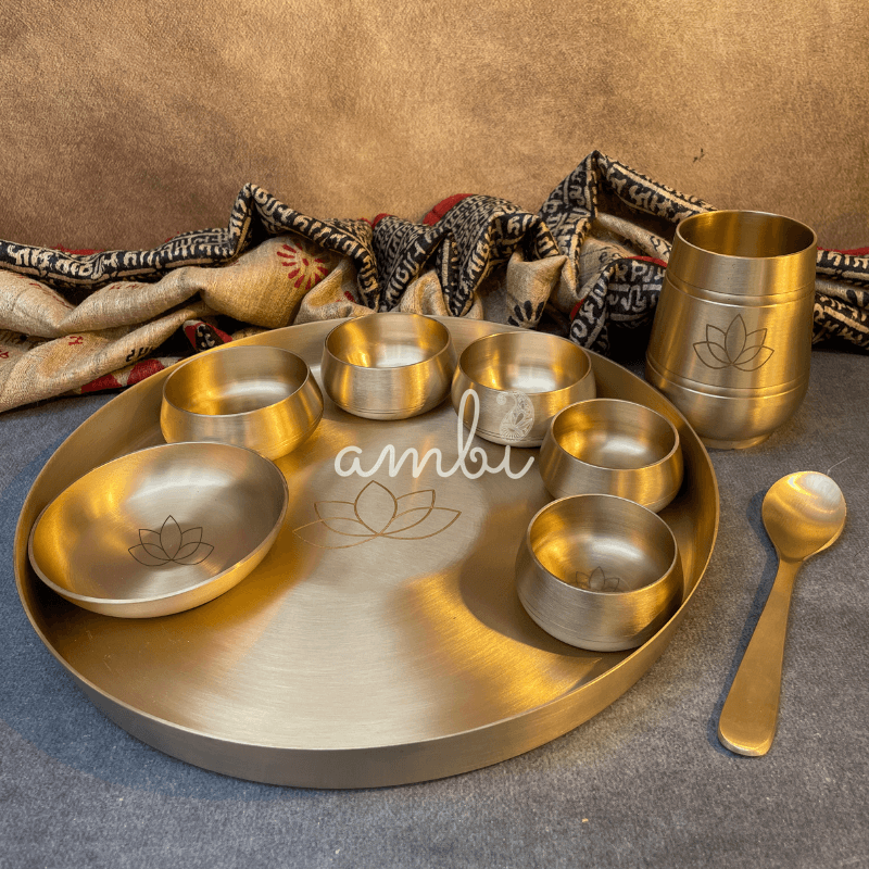 AMBI Curved Kansa Thali Set with Laser Cut Lotus Design - Matt Finish - Heavy Grade (Set of 10 Pieces)