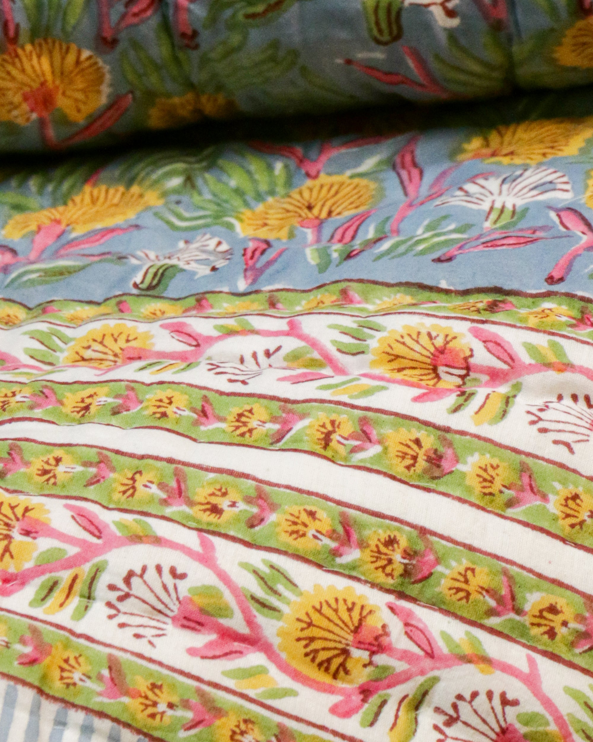 2026 Collection - Floral Yellow Hand Block Printed Jaipuri Rajai / Quilt- Singles - Pair of 2 - 60X90 Inches each