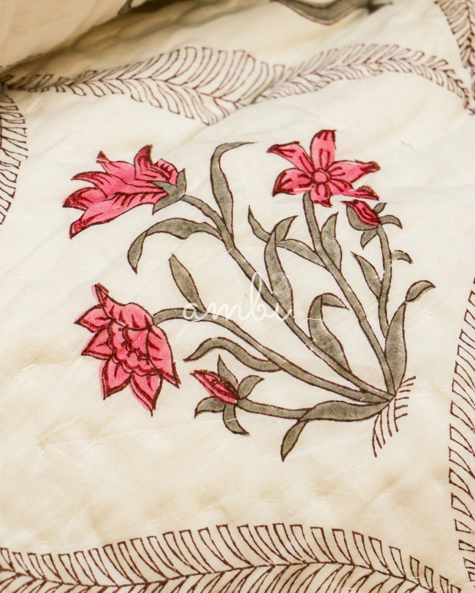 2026 Collection - Red Blue Floral Hand Block Printed Jaipuri Rajai / Quilt- Double - 90X108 Inches