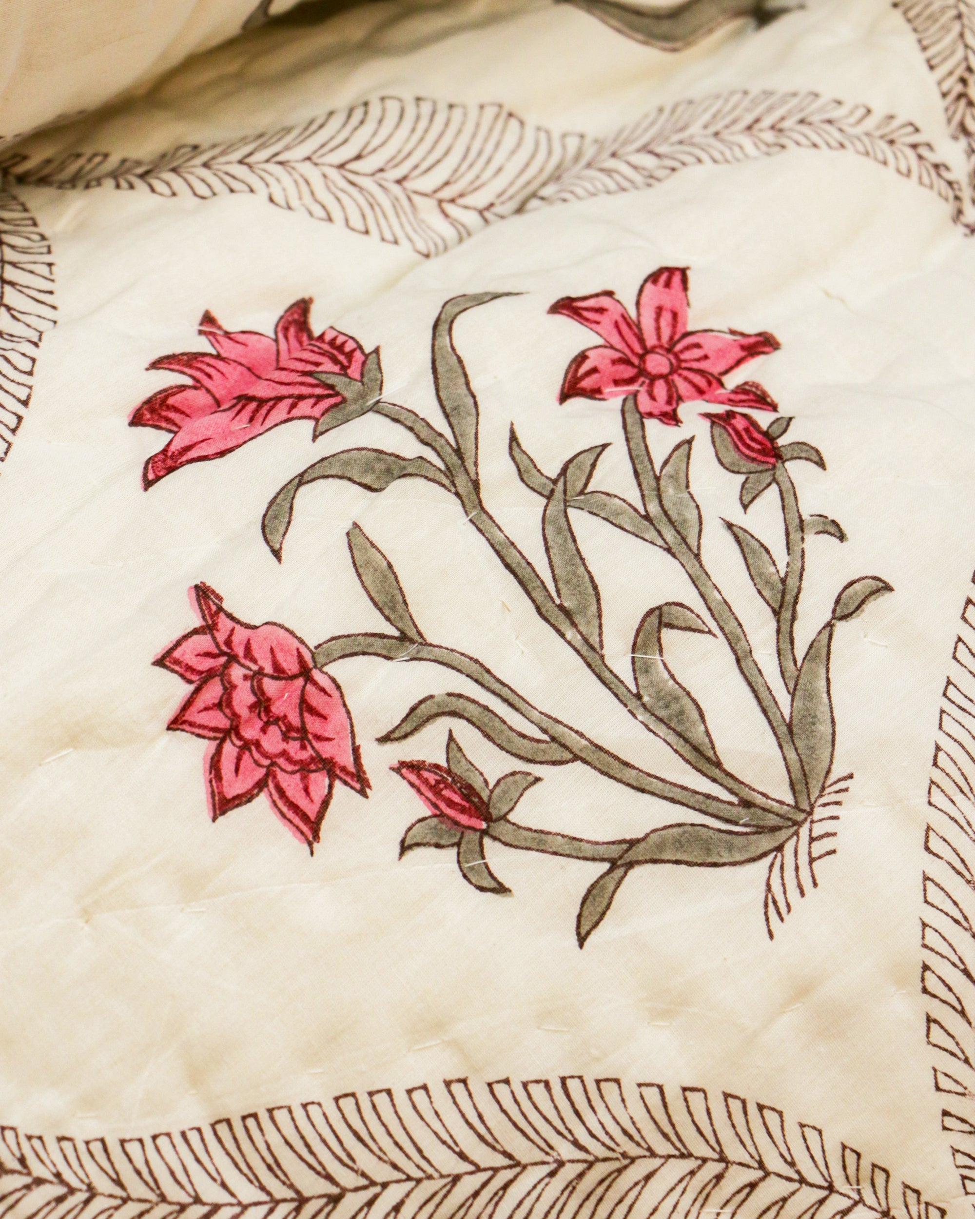 2026 Collection - Red Blue Floral Hand Block Printed Jaipuri Rajai / Quilt- Double - 90X108 Inches