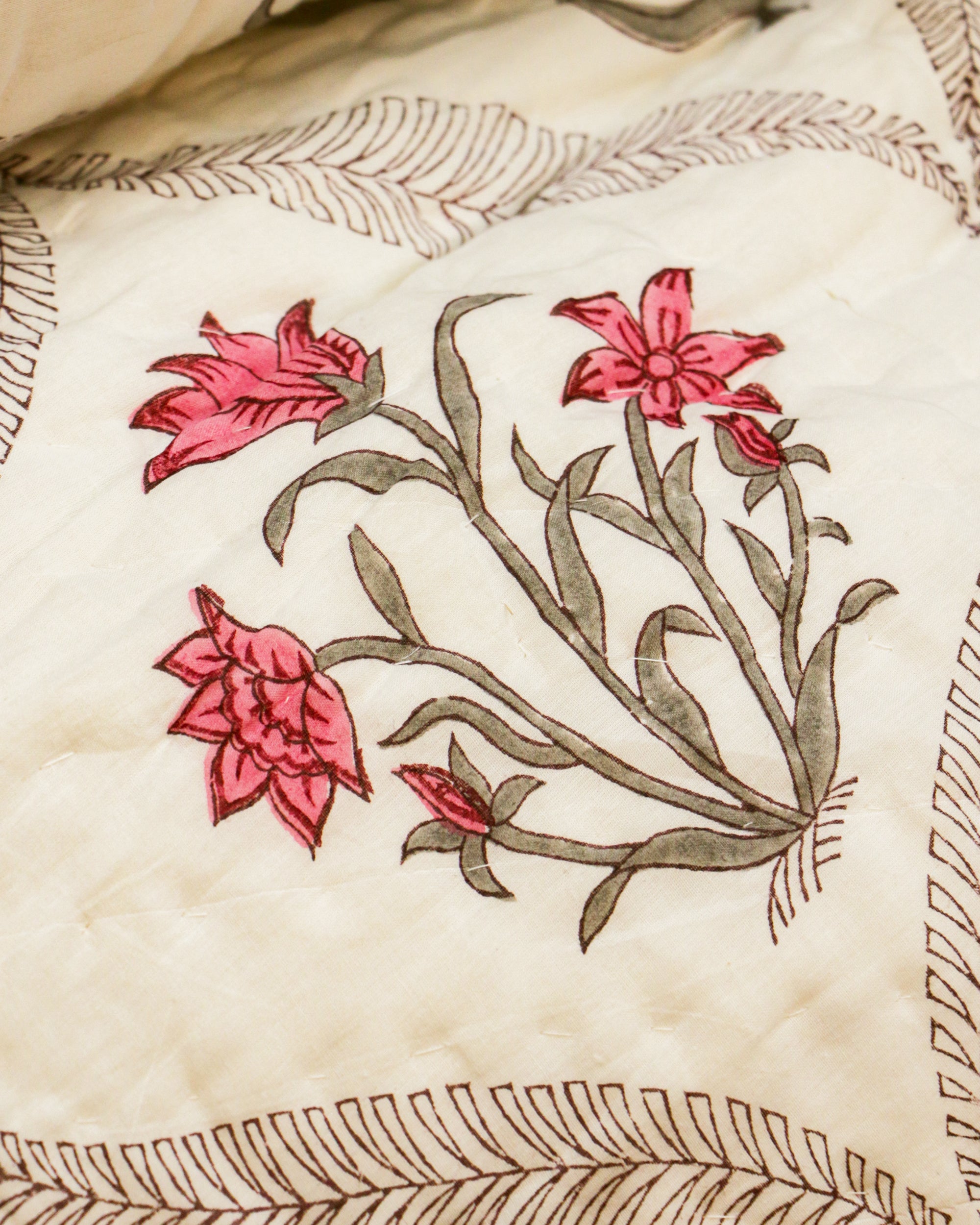 Diwali 2025 Collection - Red Blue Floral Hand Block Printed Jaipuri Rajai / Quilt- Double - 90X108 Inches