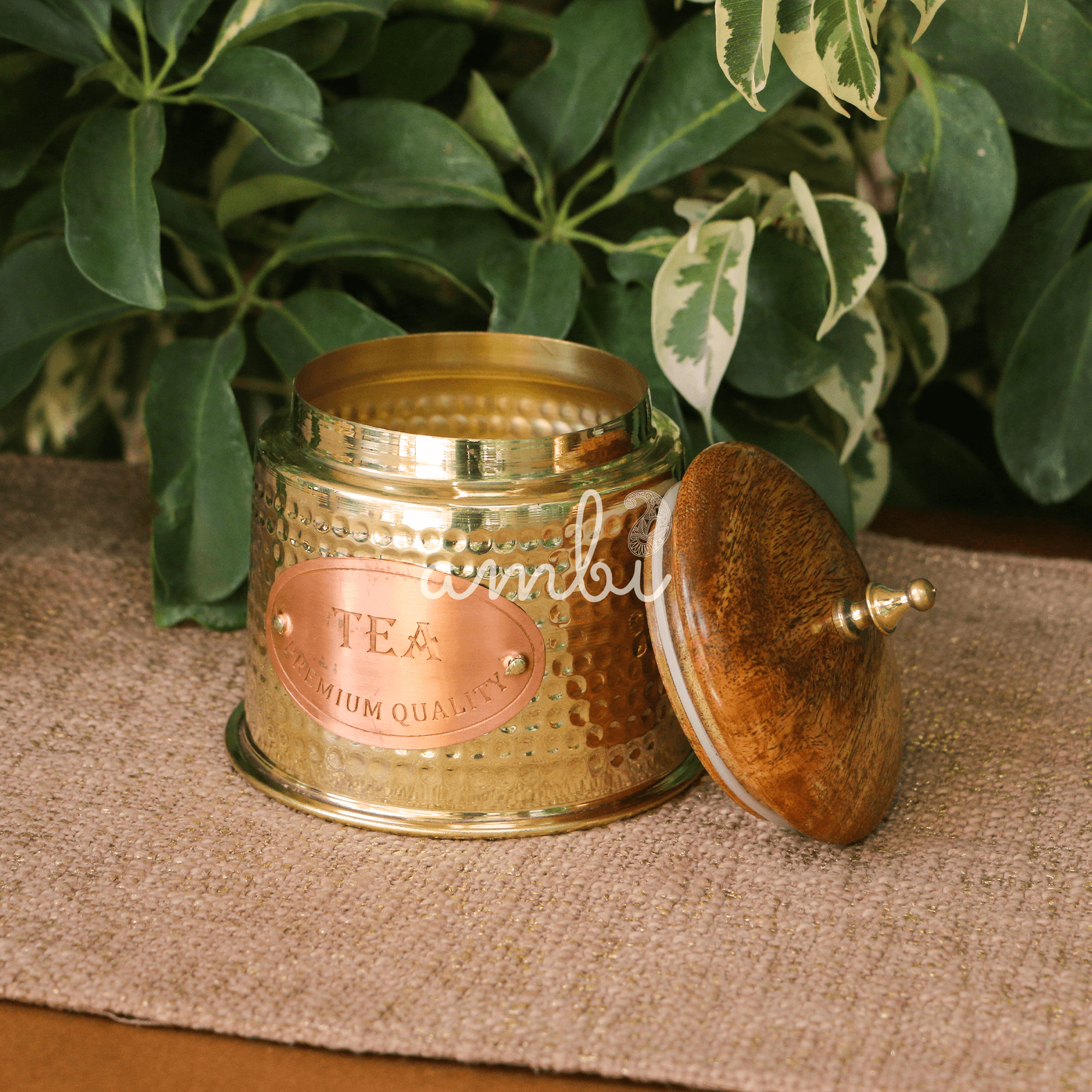 Tea Jar - Pure Brass Hammered Jar Storage container - Small - Wood Lid