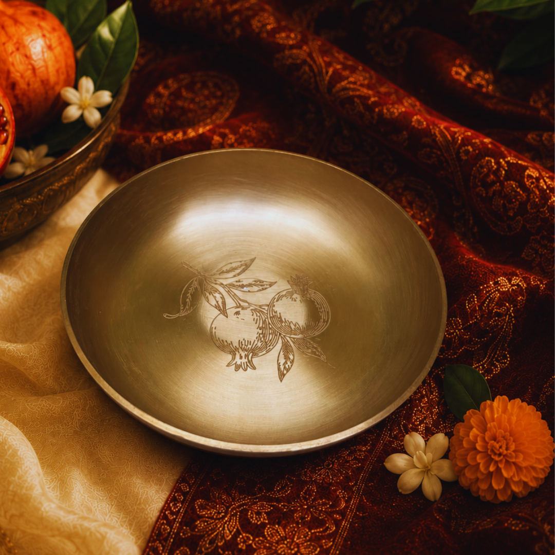 AMBI 100% Pure Lead Free Kansa Small Plate With Pomegranate Hand Etched Design -Handcrafted, Durable, Elegant | Dahiwada Plate | Dessert Plate | Puja Plate - 4 Inch