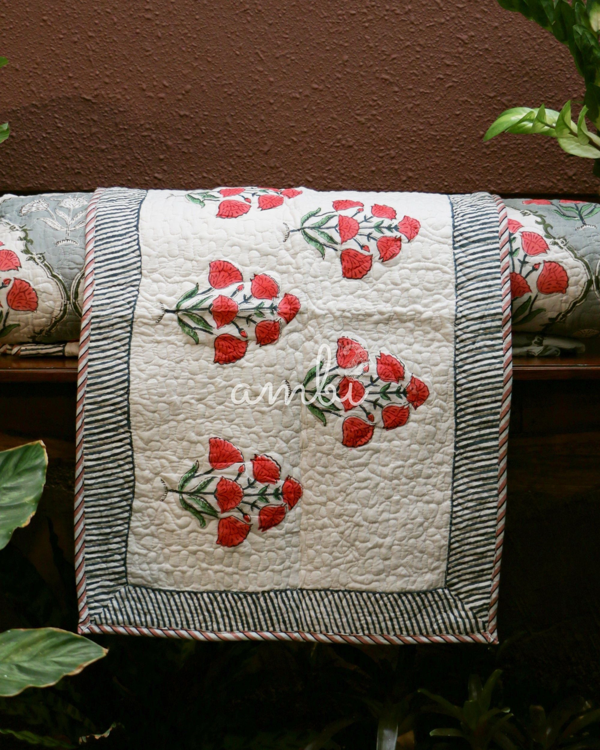 2026 Collection - Bed Cover Fuchsia Floral Hand Block Printed Jaipuri Quilted Bed Cover with 2 Pillow Covers- Double - 108X108 Inches