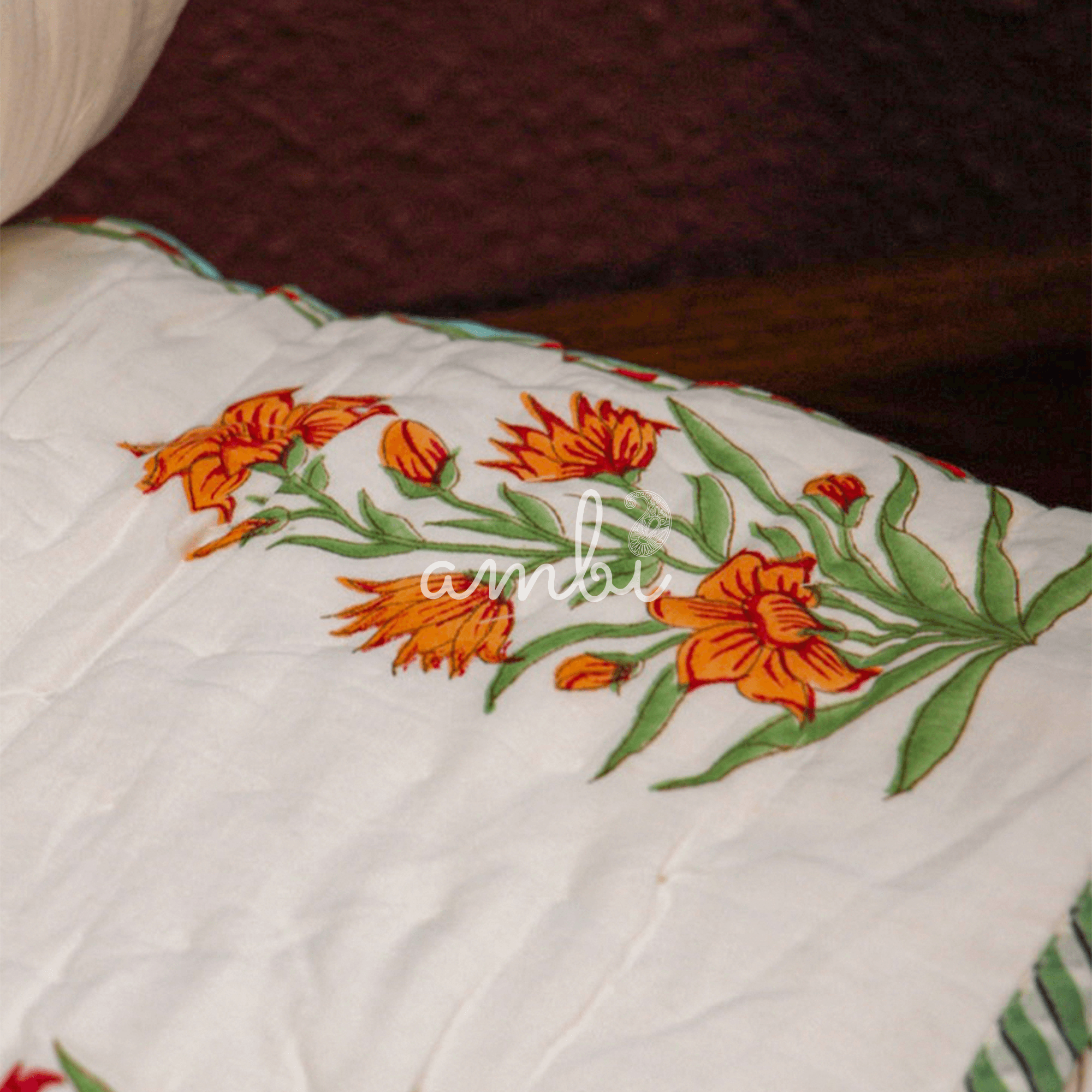 2026 Collection - Reversible Green Cypress Heavy Hand Block Printed Jaipuri Rajai / Quilt- Double - 90X108 Inches