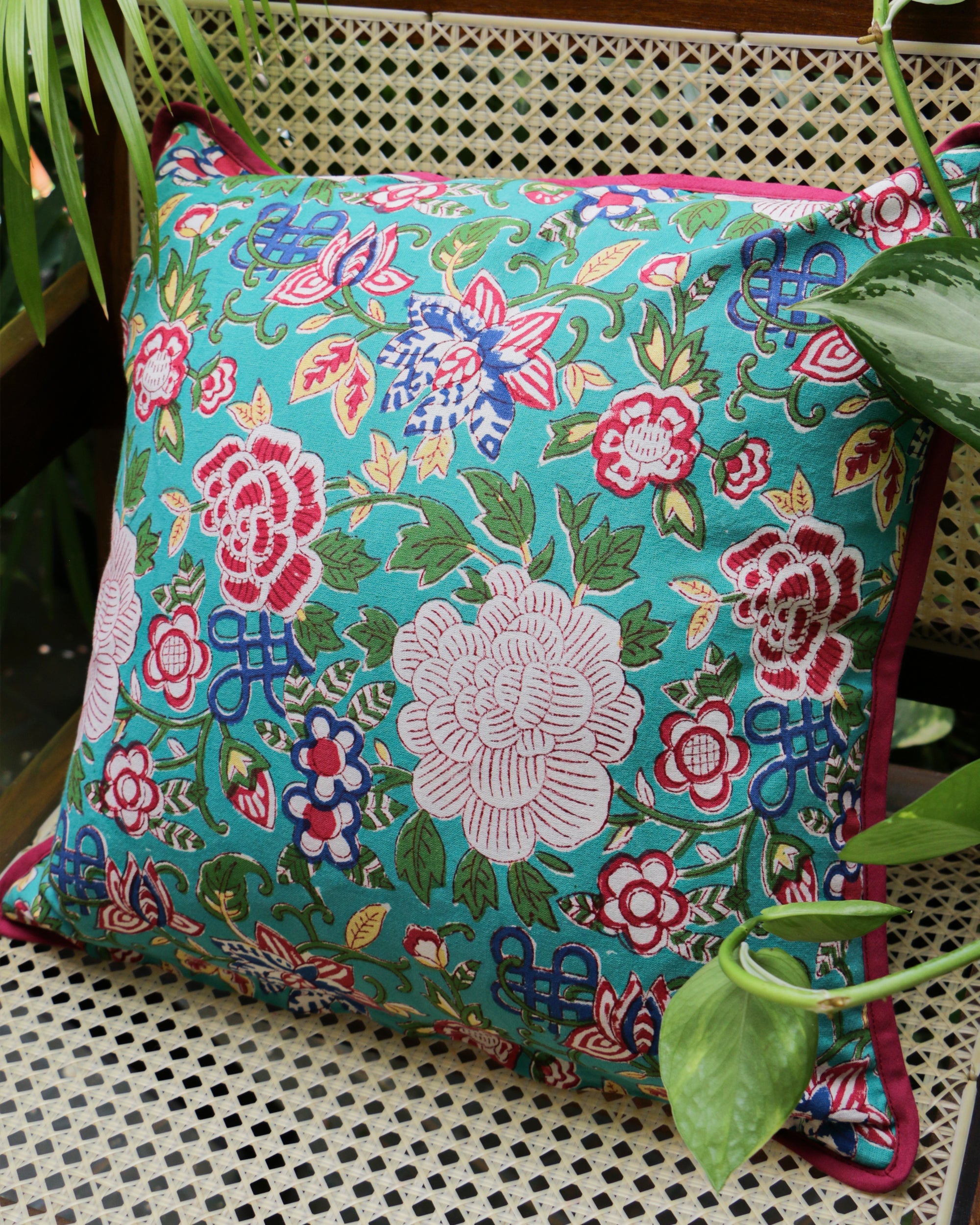 2026 Collection - Hand Block Printed Double Side Cushion Cover Cyan & Pink (Set of 5) - 16 X 16 inches